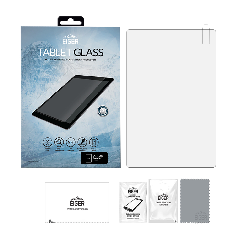 Un kit protector de pantalla de cristal para tabletas. Incluye protector de pantalla, toallita limpiadora, adhesivo quita polvo, tarjeta de garantía.