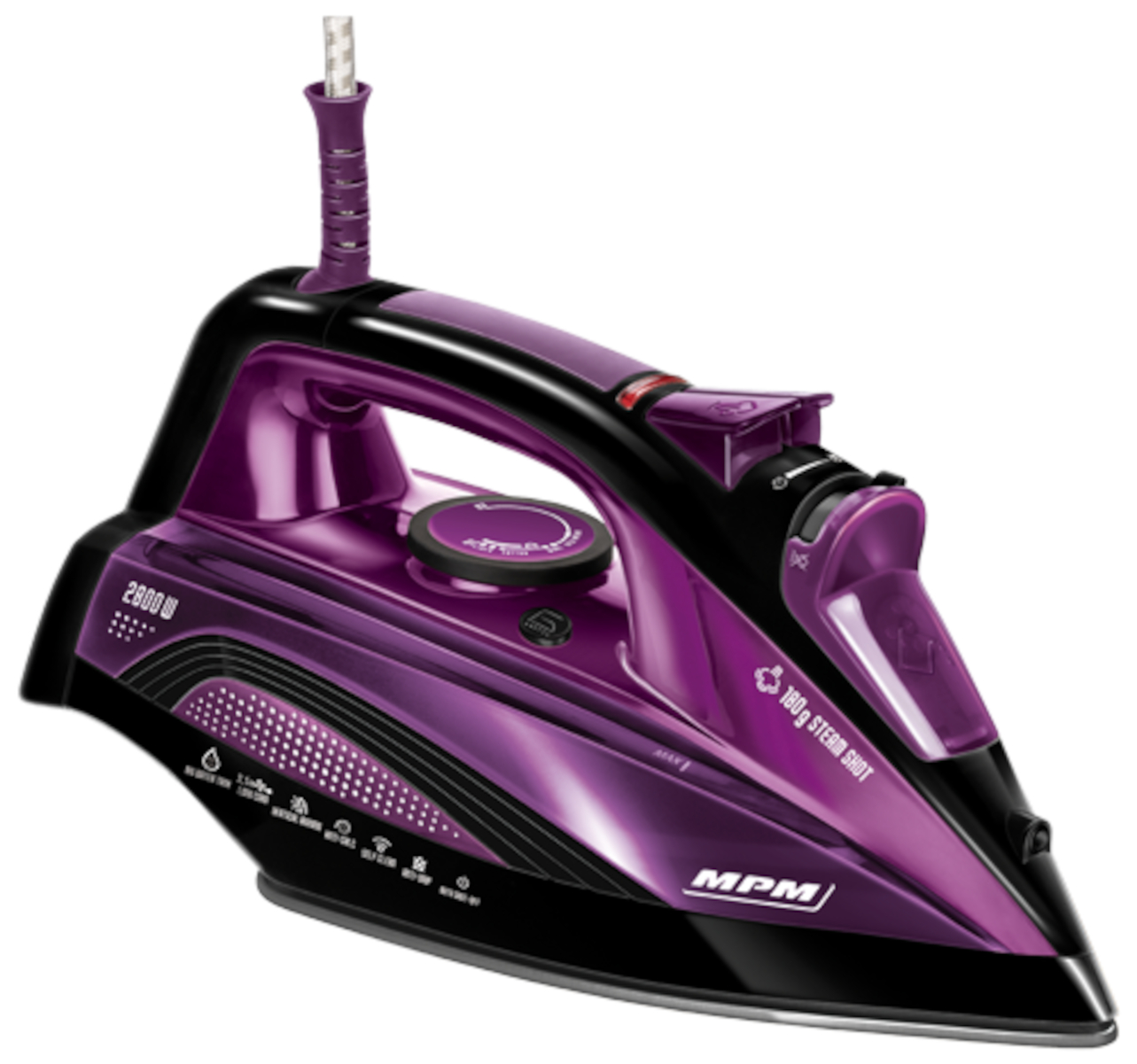 Fioletowo-czarne żelazko z uchwytem i przewodem zasilającym. Posiada zbiornik na wodę i ustawienia pary.