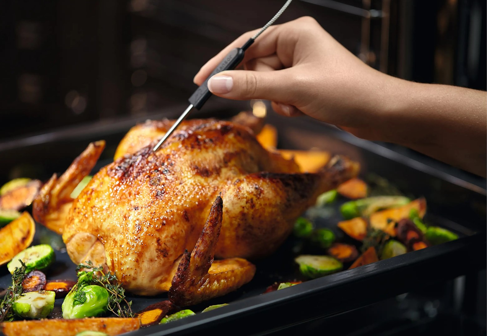 Un pollo arrosto in una teglia viene controllato con un termometro. Le verdure lo circondano.