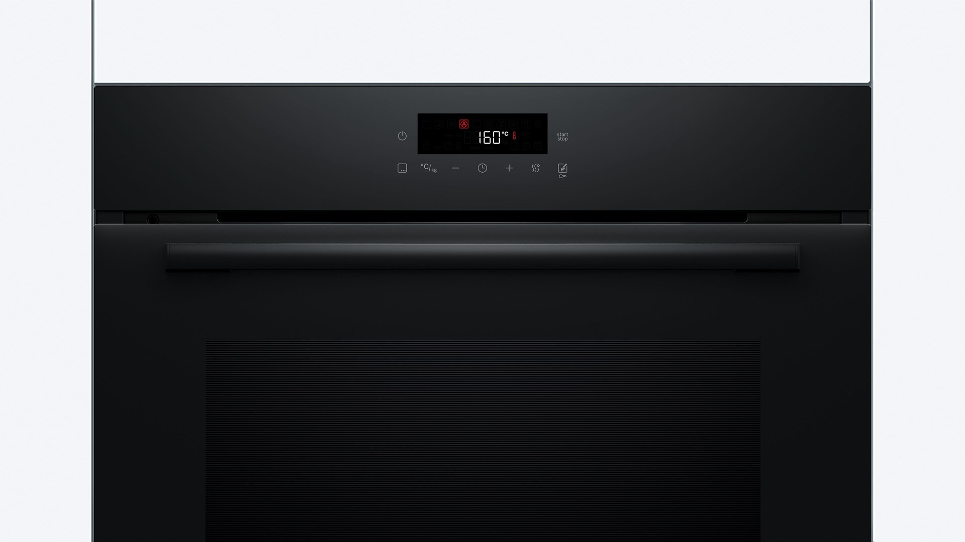Czarny piekarnik z cyfrowym wyświetlaczem pokazującym 160 stopni. Ma przyciski i uchwyt. Tło jest białe.