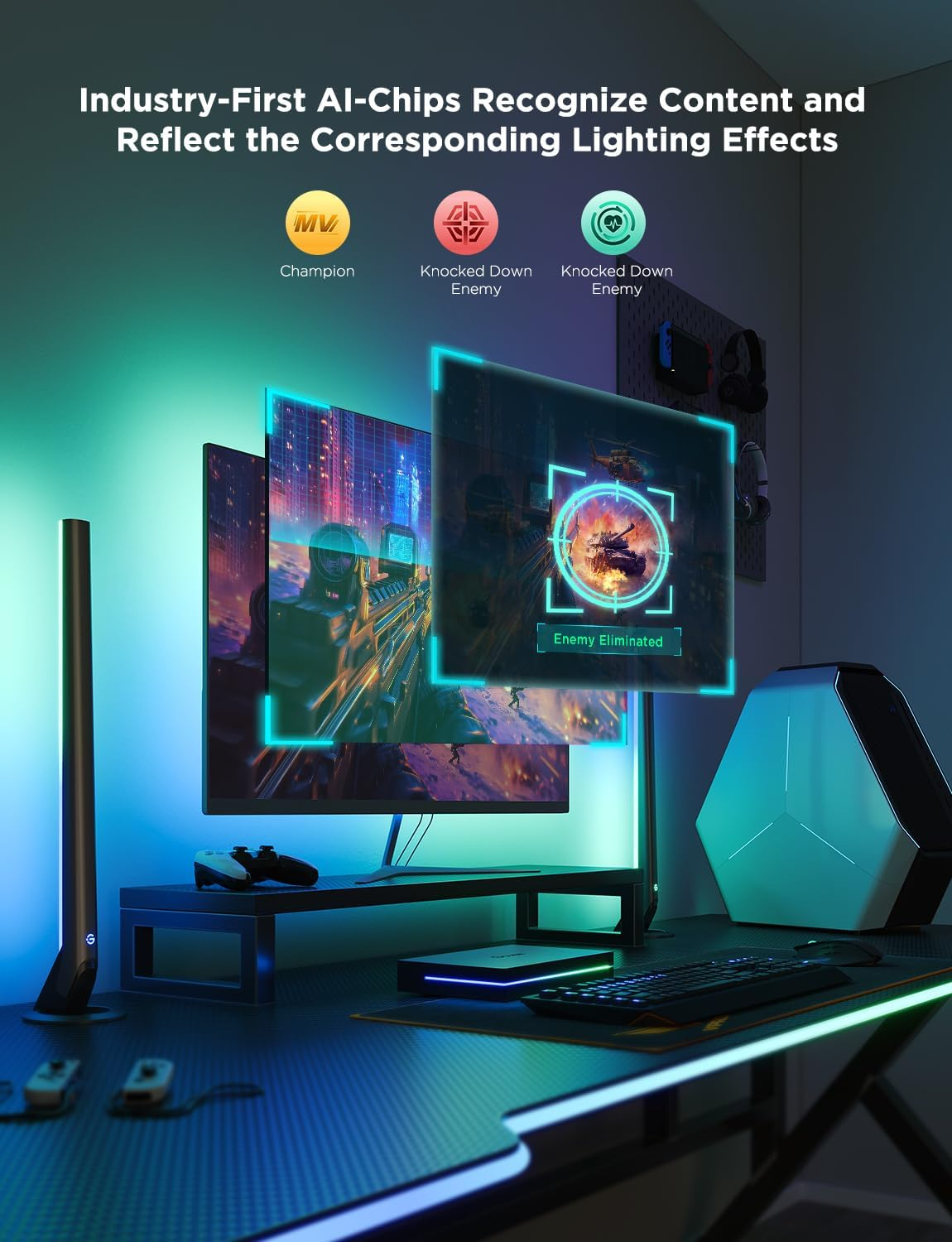 Un'impostazione di gioco con un monitor che mostra contenuti di gioco ed effetti di luce. Comprende un computer, una tastiera e altre periferiche di gioco.