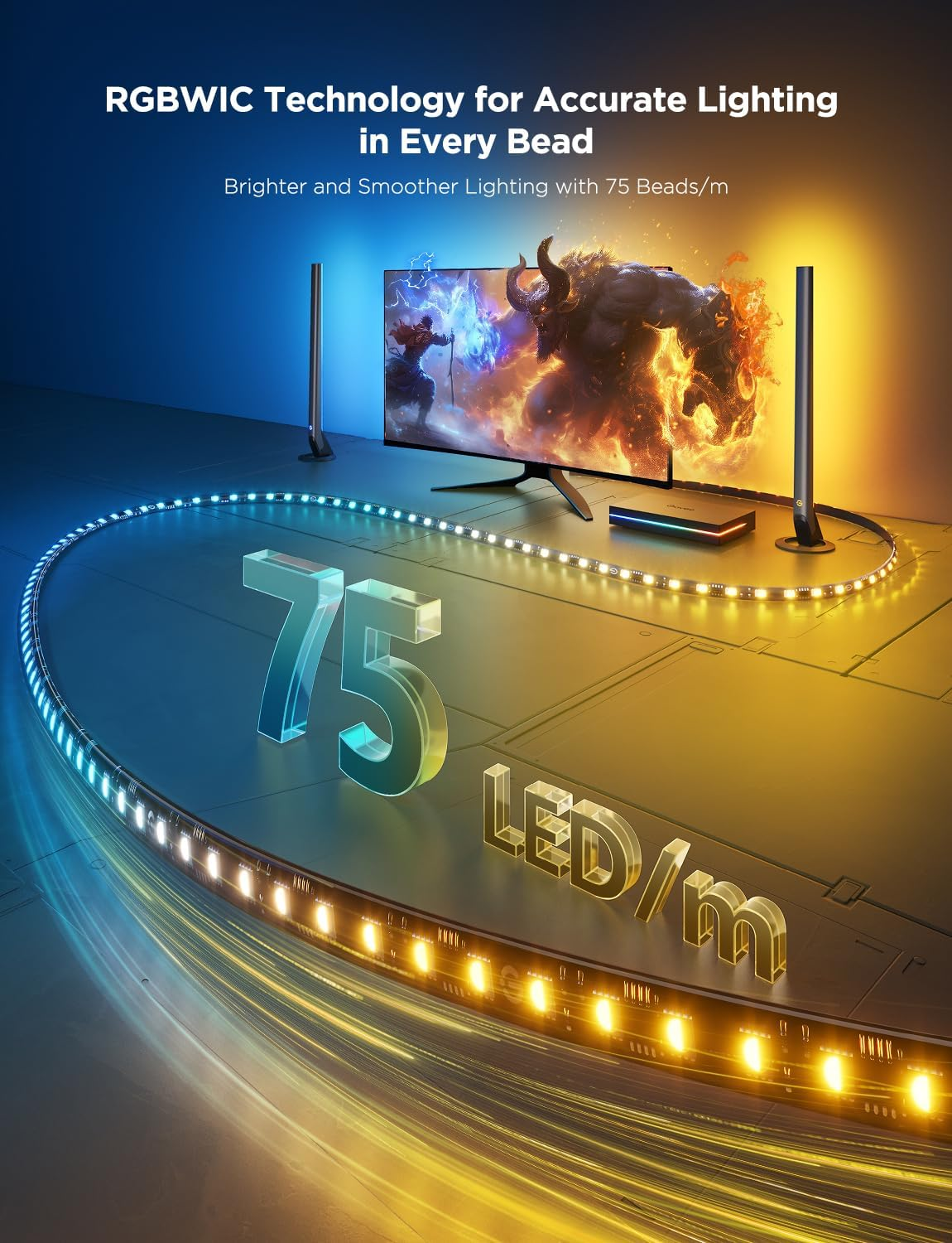 Un monitor mostra una scena infuocata. Strisce LED lo circondano, con il testo '75 LED/m' e 'Tecnologia RGBWIC'.