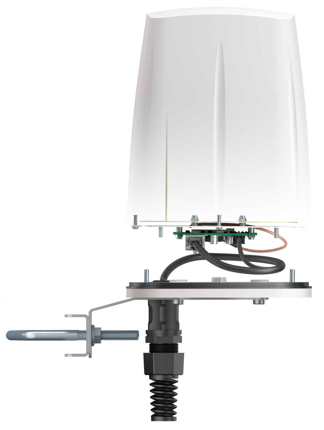 Biała antena z przezroczystą plastikową osłoną. Ma płytkę obwodu, czarne kable i wspornik montażowy ze śrubami.