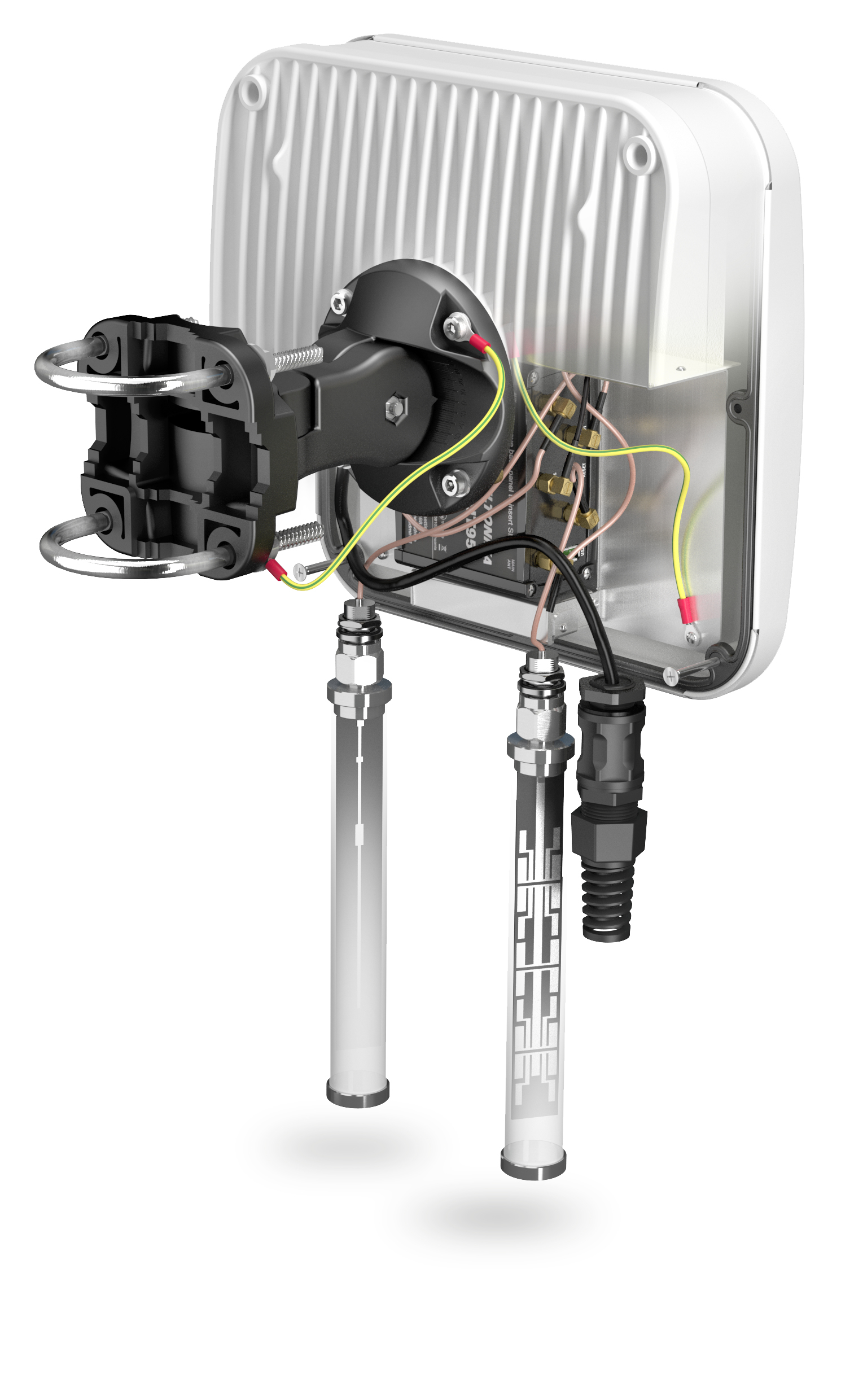 Białe urządzenie elektroniczne z przewodami i przezroczystymi rurkami. Widoczne czarne i srebrne elementy.