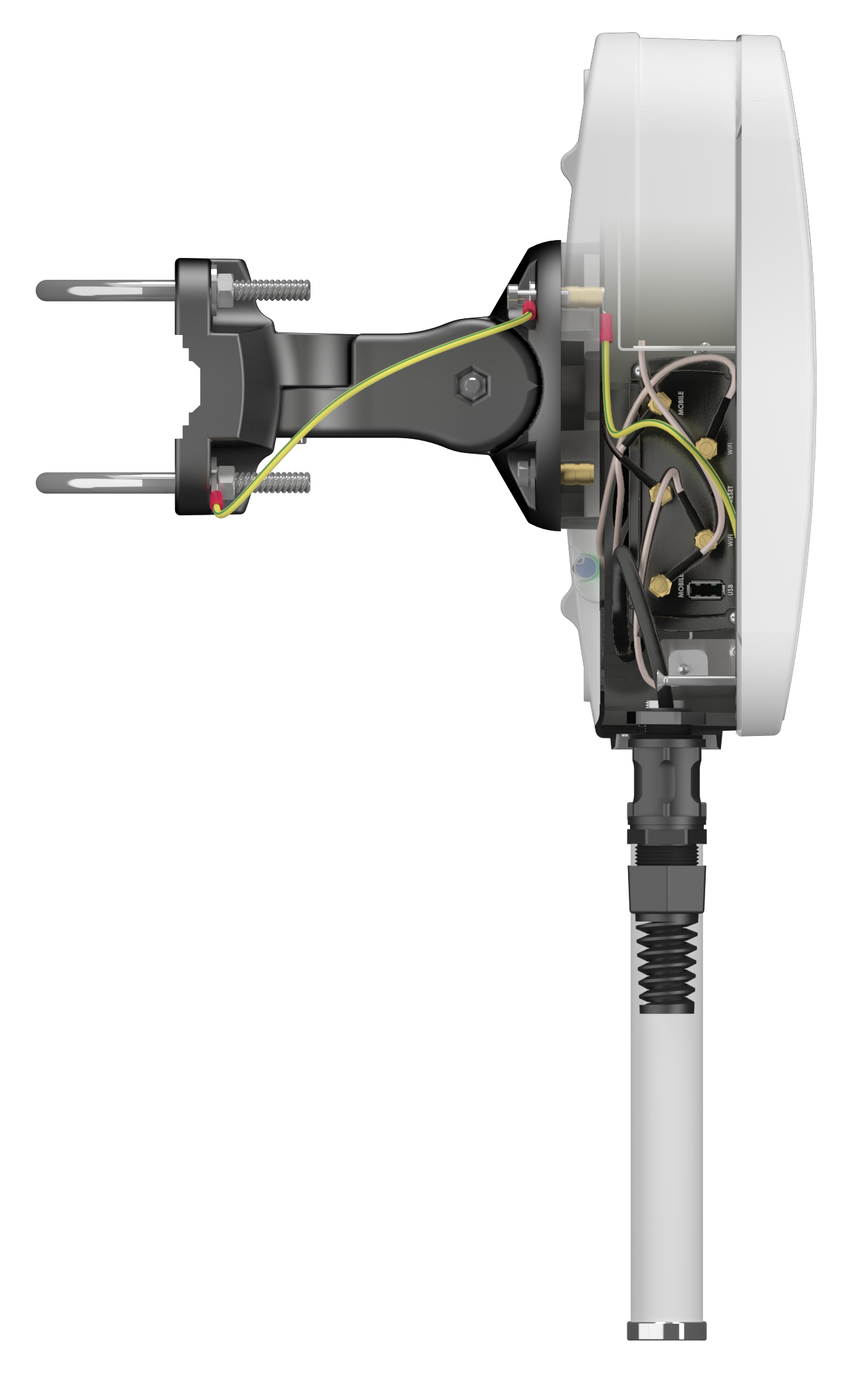 Przekrój elektrycznego urządzenia z przewodami, śrubami i białą obudową. Widoczny czarny wspornik montażowy.
