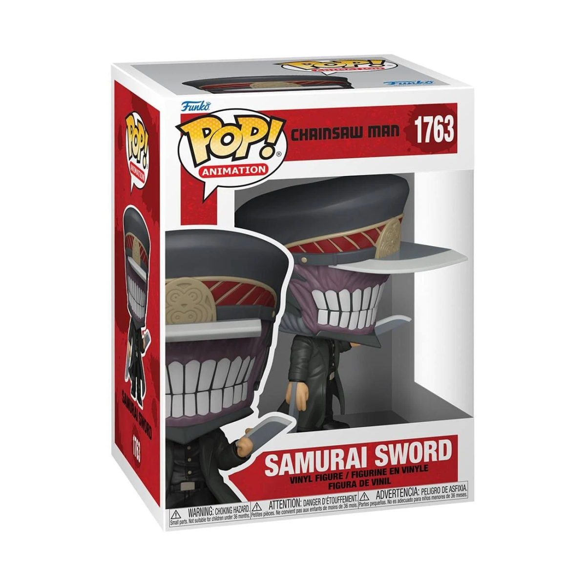 Una caja de Funko Pop con una figura de Chainsaw Man. La figura es Samurai Sword con una boca grande y dentada y un sombrero.