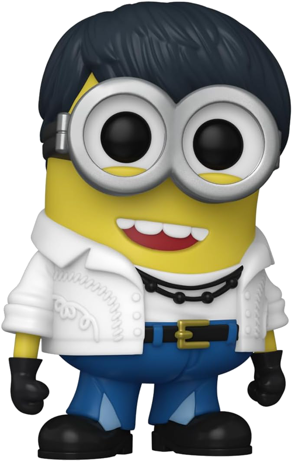 Una figura amarilla de Minion, vestida como Elvis, con pelo oscuro, chaqueta blanca, pantalones azules y zapatos negros, gafas.
