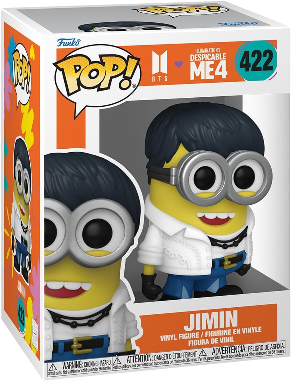 Una caja de Funko Pop con un Minion vestido como Jimin. Tiene una chaqueta blanca, pantalones azules y pelo negro. La caja es naranja y blanca.