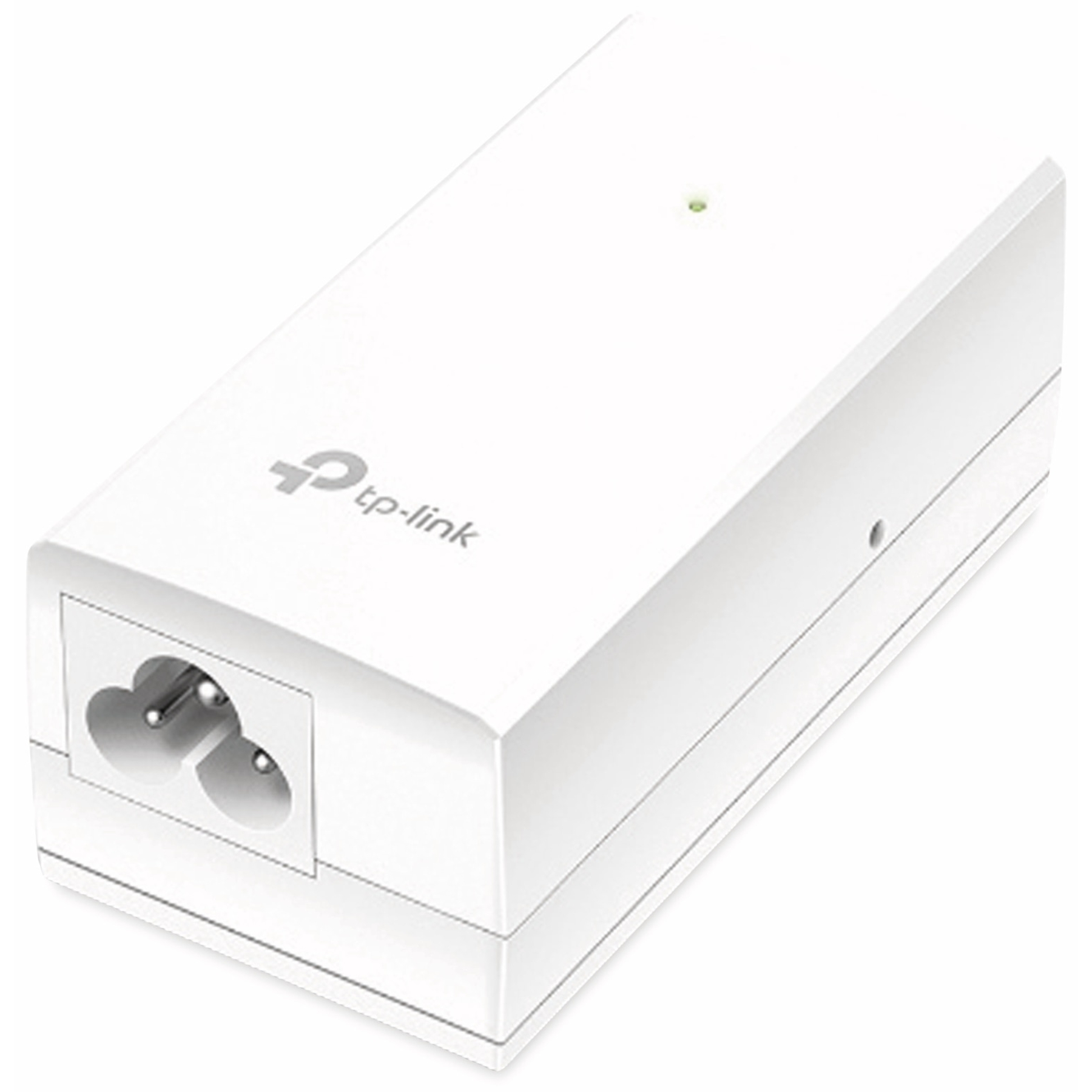Biały zasilacz TP-Link. Posiada gniazdo zasilania i zieloną diodę LED. Widoczne jest logo TP-Link.
