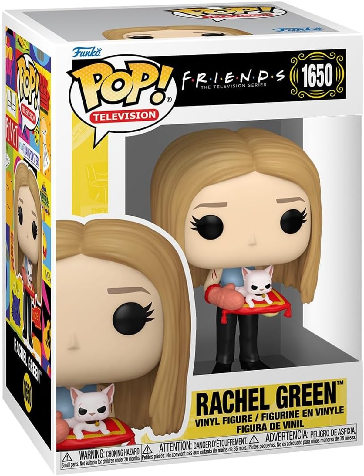 Caja Funko Pop de la figura de Rachel Green de Friends. Sostiene una figura de gato sobre una alfombra roja. La caja tiene el logo del show.
