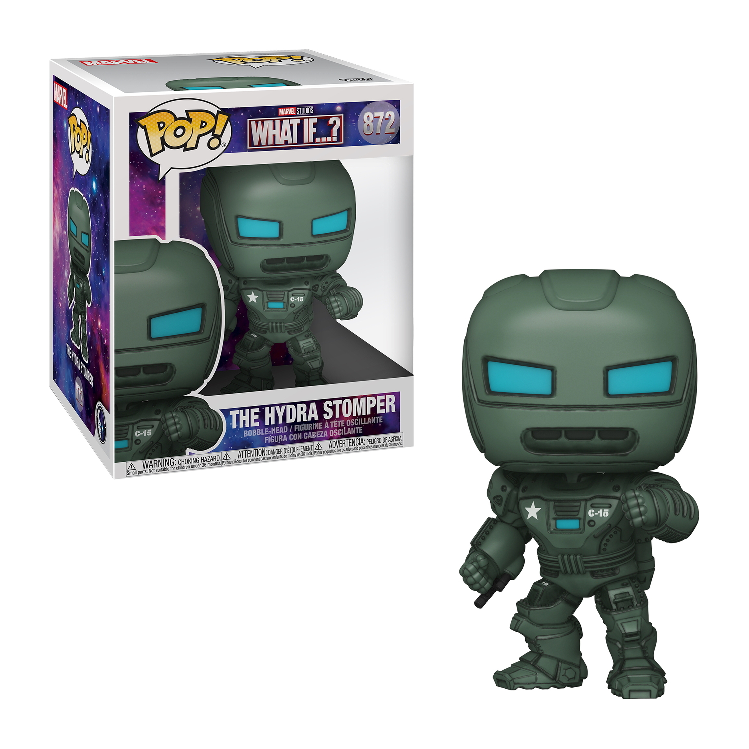 Eine grüne Hydra Stomper Funko Pop-Figur steht neben ihrer Box, beides vor weißem Hintergrund.