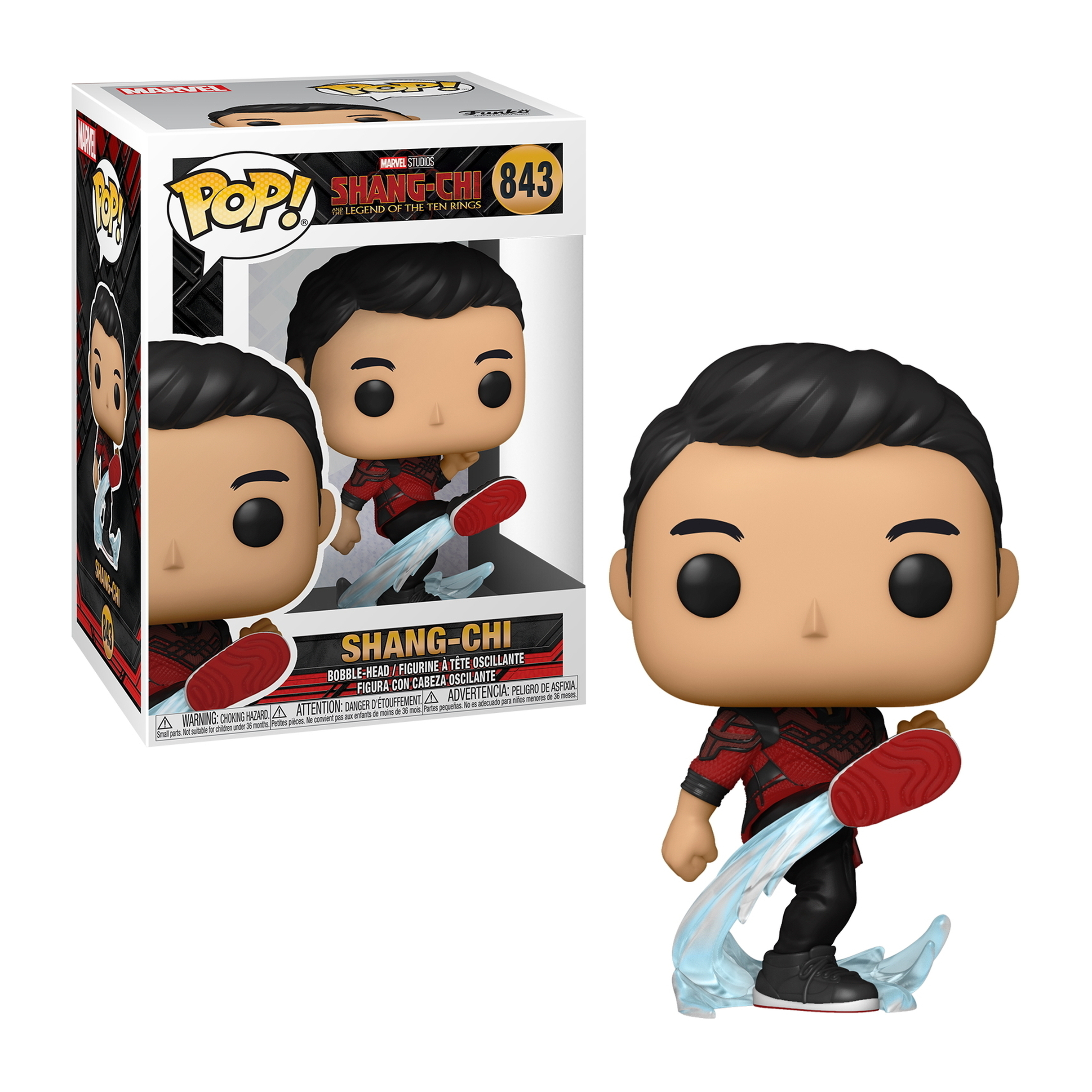 Una figura Funko Pop de Shang-Chi. Lleva un atuendo rojo y negro y está a medio patear con efectos de energía azul.