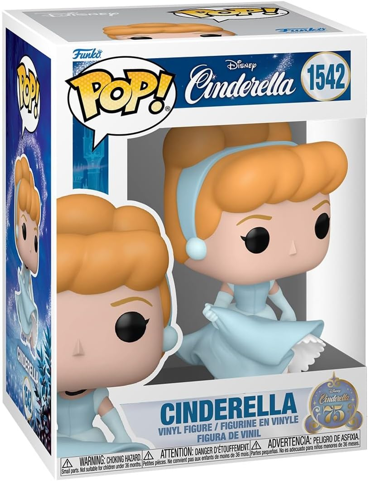 Una scatola Funko Pop con Cenerentola. La figura indossa un vestito azzurro. La scatola ha i loghi 'POP!' e 'Disney Cenerentola'.