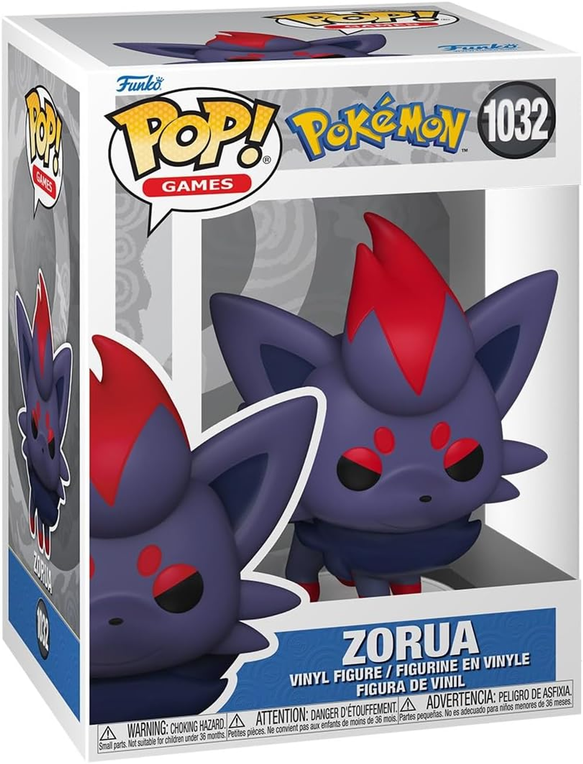 Una caja Funko Pop con una figura de Zorua. La figura es morada con detalles rojos. La caja tiene los logotipos de Pokemon y Funko.