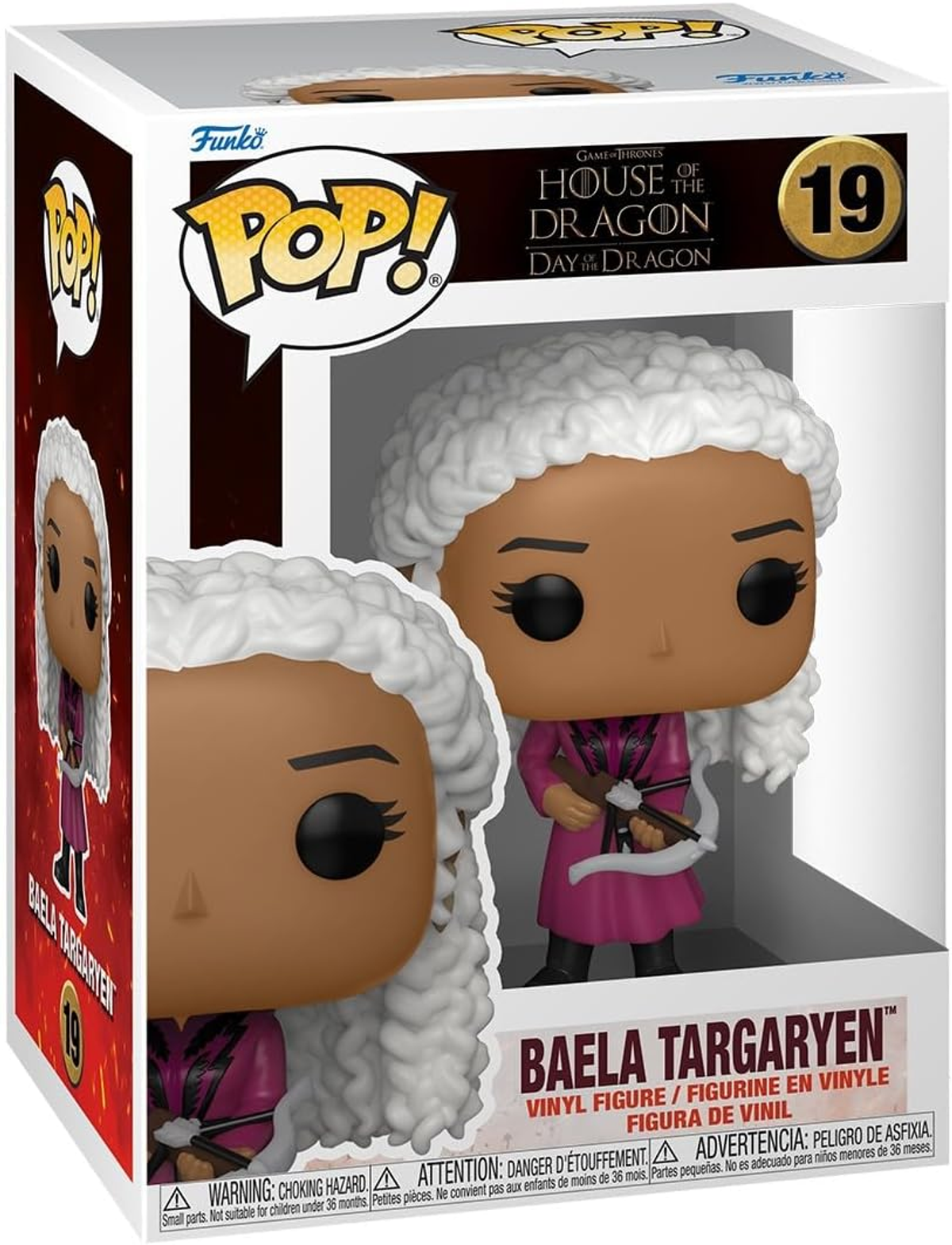 Figurine Funko Pop de Baela Targaryen de House of the Dragon, dans une boîte. Elle porte une robe rose et tient une arbalète.