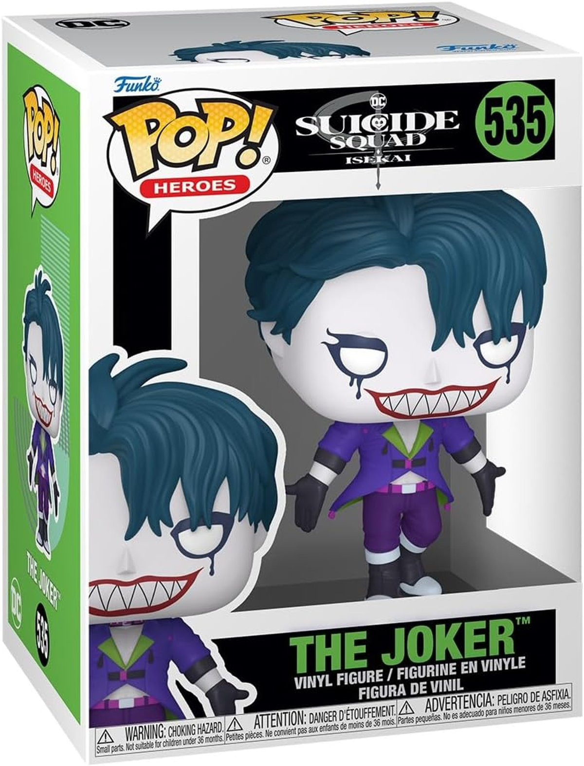 Una caja Funko Pop con The Joker con un traje morado y chaleco verde. La caja tiene el logo de Suicide Squad y el número 535.
