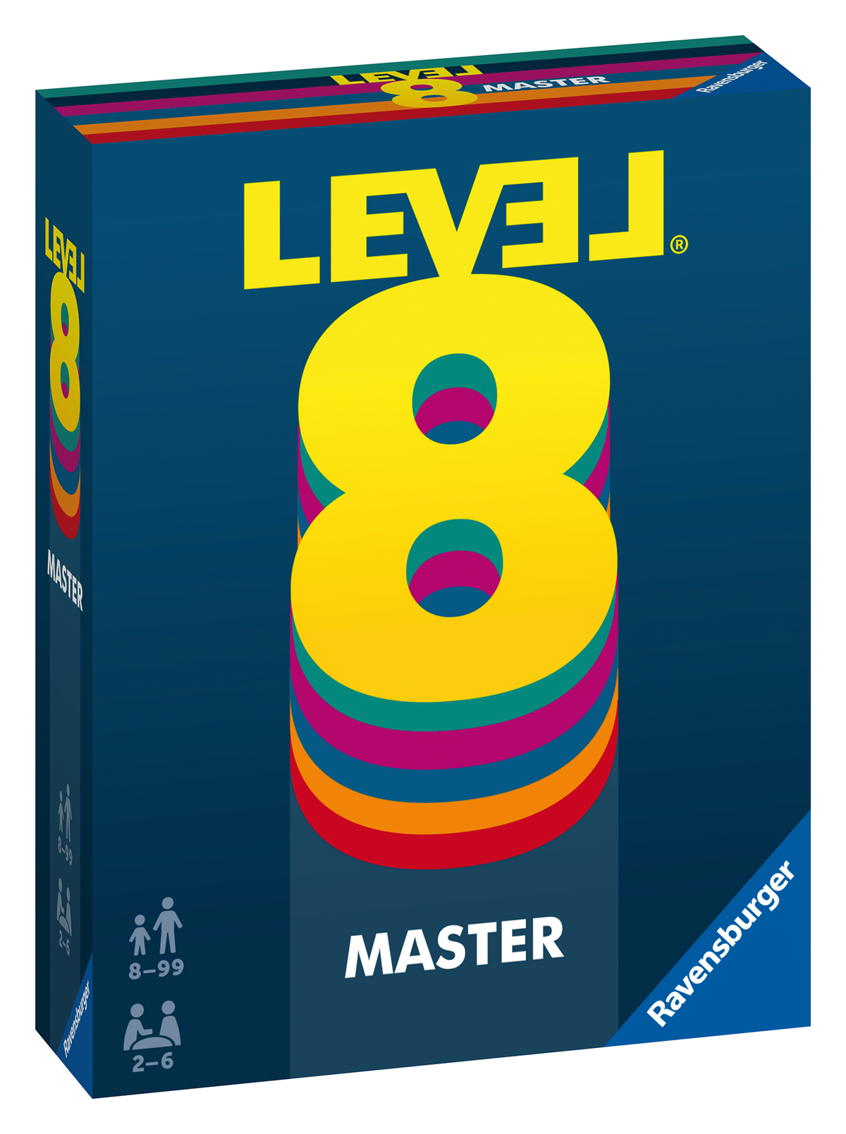 Pudełko z grą z dużą żółtą '8', napisem 'LEVEL 8 MASTER' i logo Ravensburger. Pudełko jest głównie niebieskie i kolorowe.