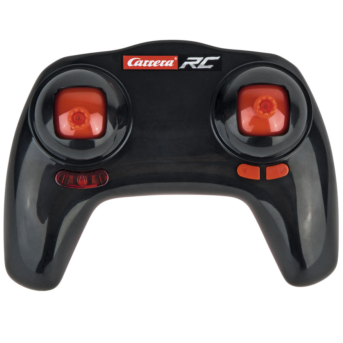 Mando a distancia negro con botones y diales naranjas. Tiene el logotipo de Carrera RC.