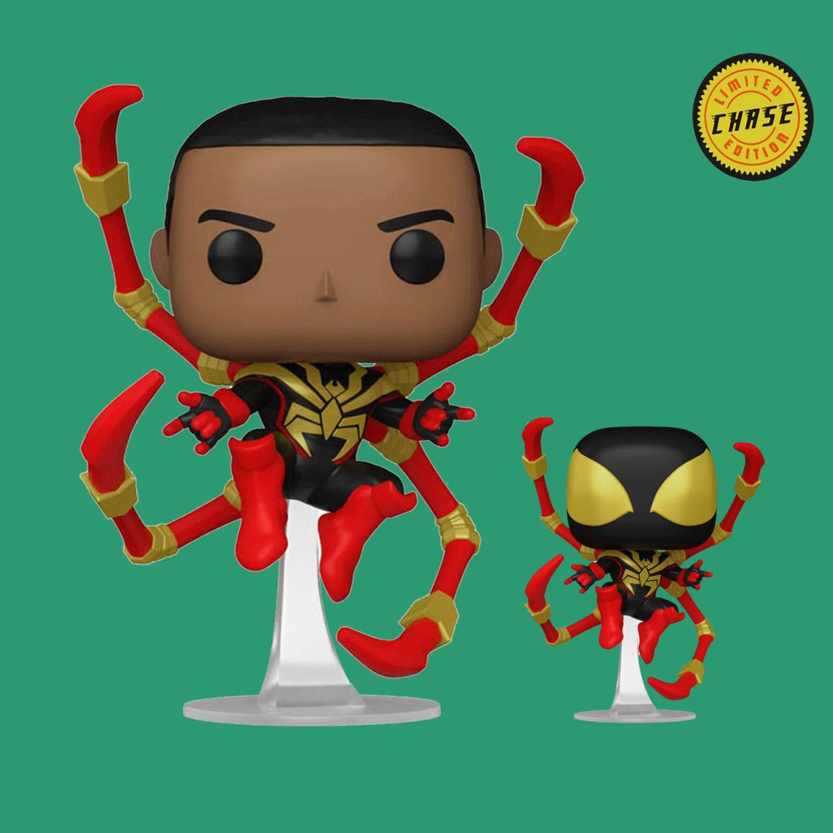 Una figura Funko Pop de Spider-Man en rojo, negro y dorado. Una versión más pequeña al lado. Fondo verde con una pegatina de 'Limited Chase Edition'.