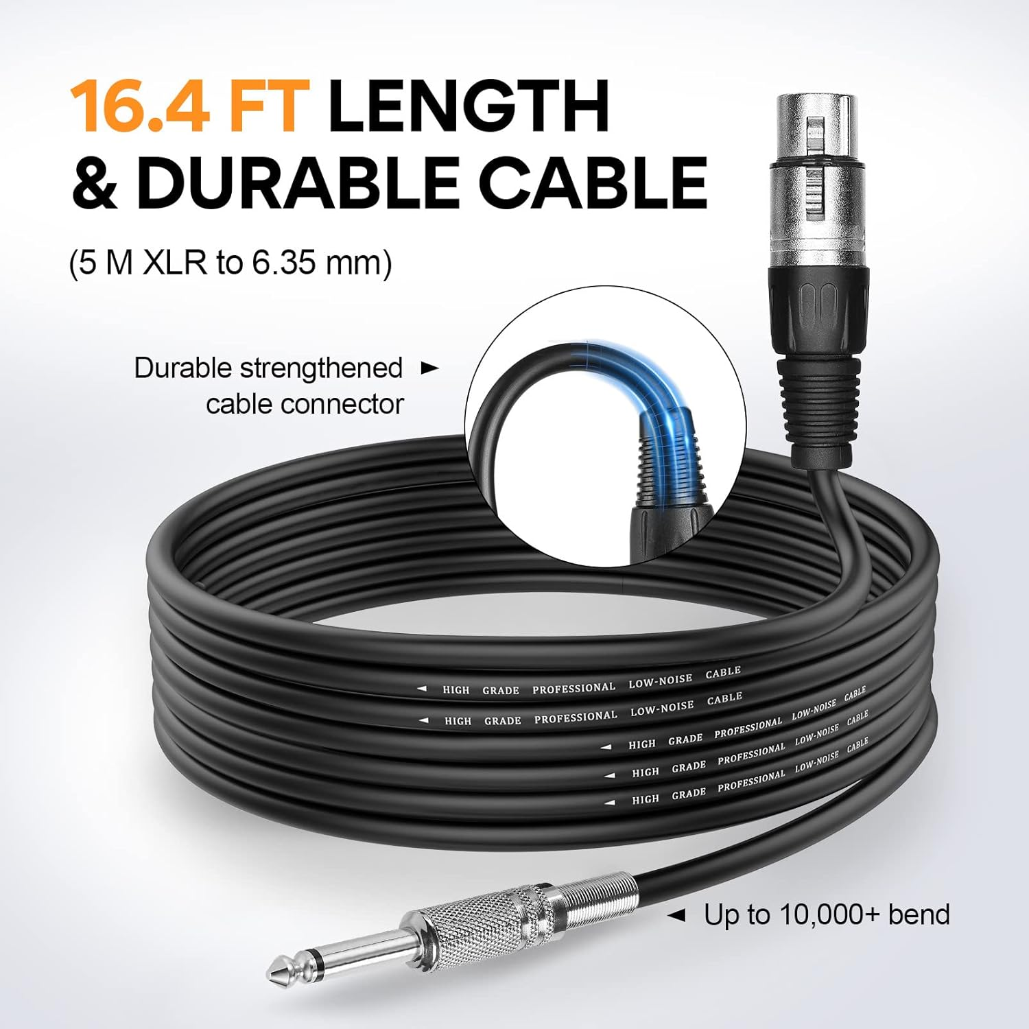A black audio cable with silver connectors is coiled. Text indicates 16.4 ft length, durable, and low-noise. Close-up highlights connector details.