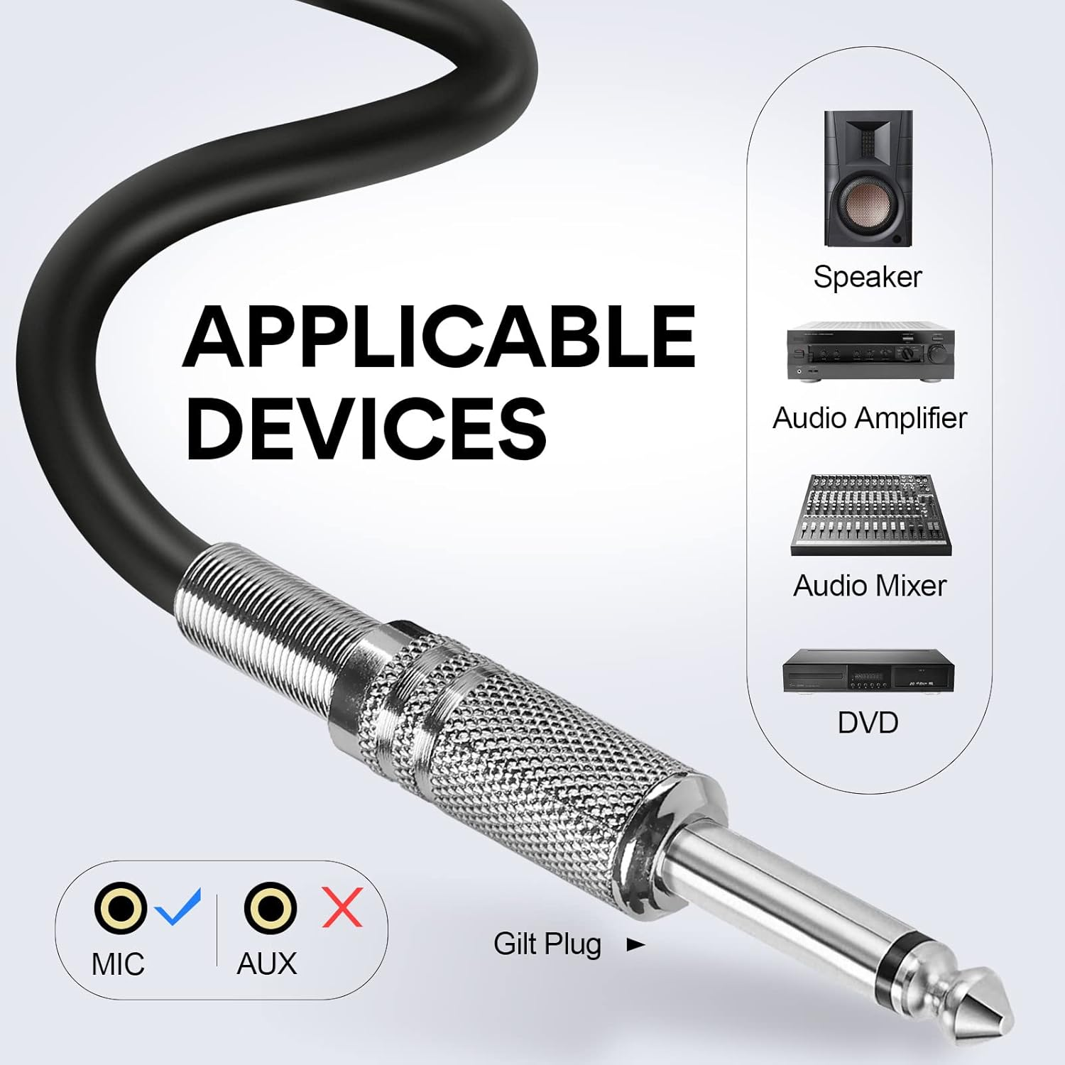 A close-up of a gilt plug cable with a black cable. Applicable devices: speaker, audio amplifier, audio mixer, and DVD player.