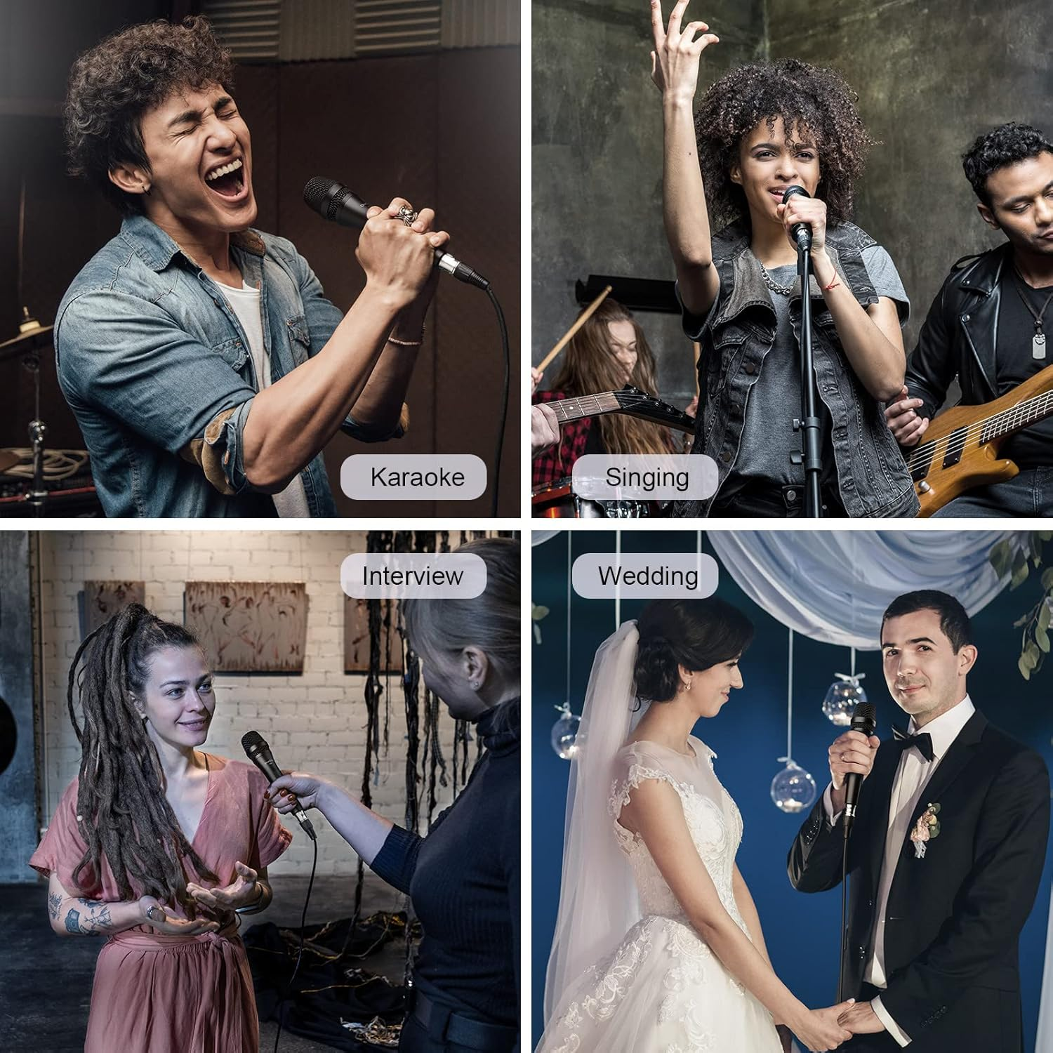 Four images: karaoke singer, band vocalist, interview, and a bride and groom at a wedding, all holding microphones.