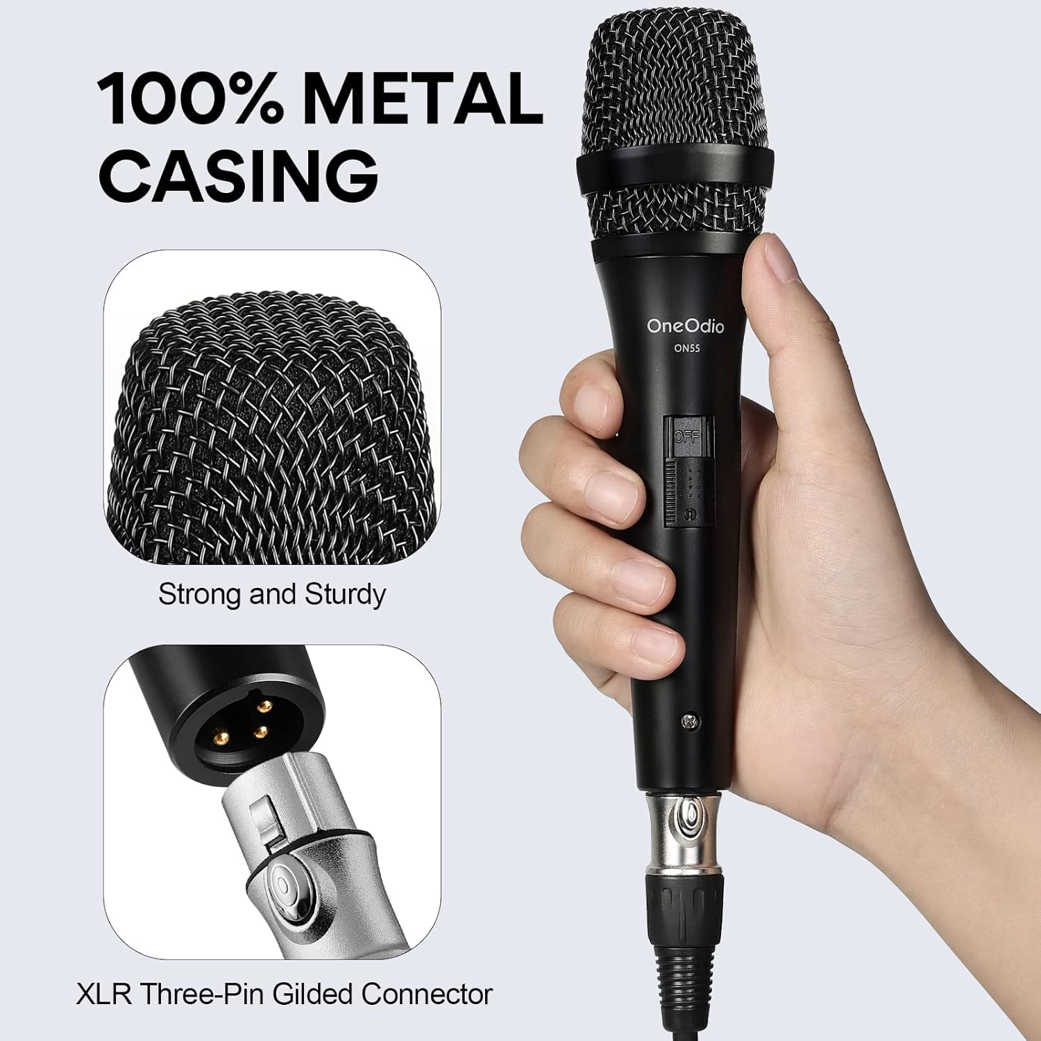 A hand holds a black microphone. Text says '100% Metal Casing'. Details show the mic head, and the XLR connector. 