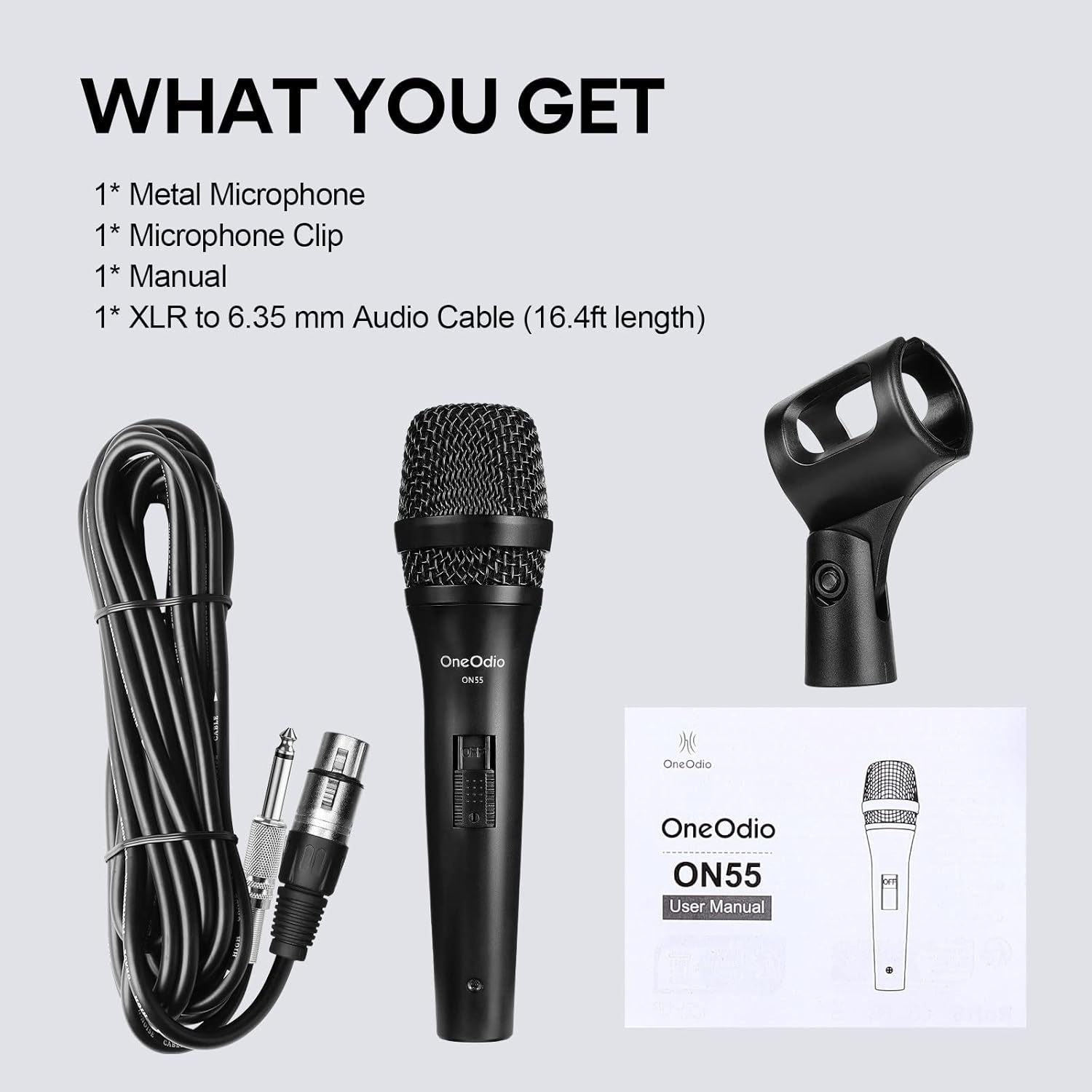Image shows a black microphone, cable, clip, and manual. Text states: Metal Microphone, Clip, Manual, and Audio Cable.
