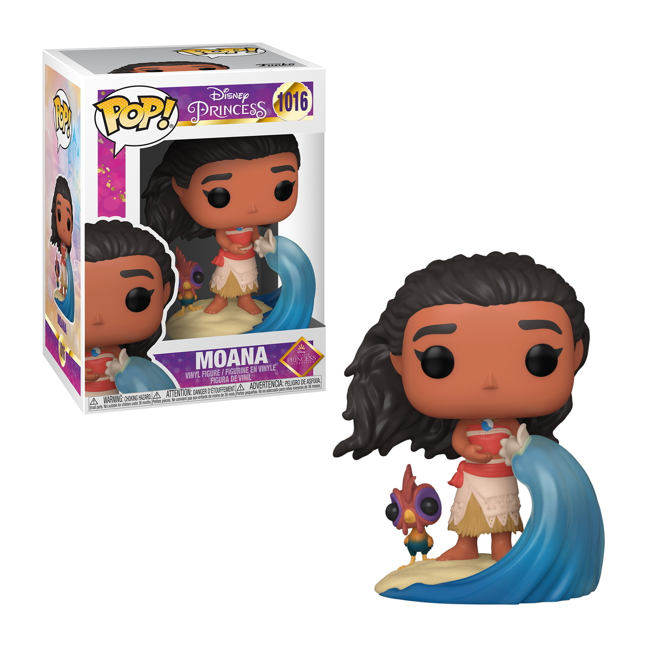 Una figura Funko Pop! di Moana con il suo iconico outfit, un'onda blu e Hei Hei. Una scatola è sullo sfondo.
