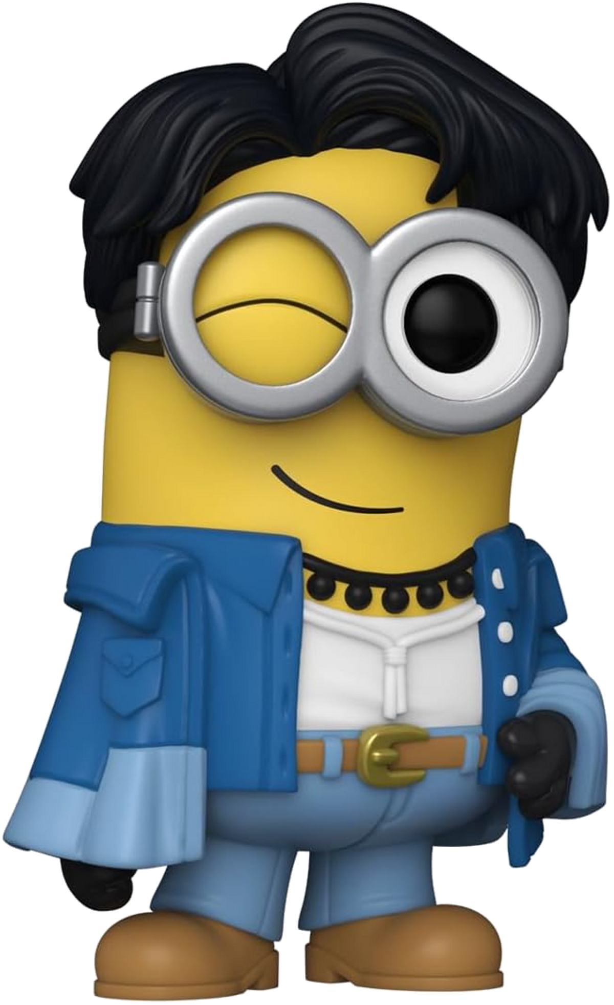Un Minion con una chaqueta azul, camisa blanca y cabello negro. Tiene gafas plateadas y un collar negro. Sonriendo.