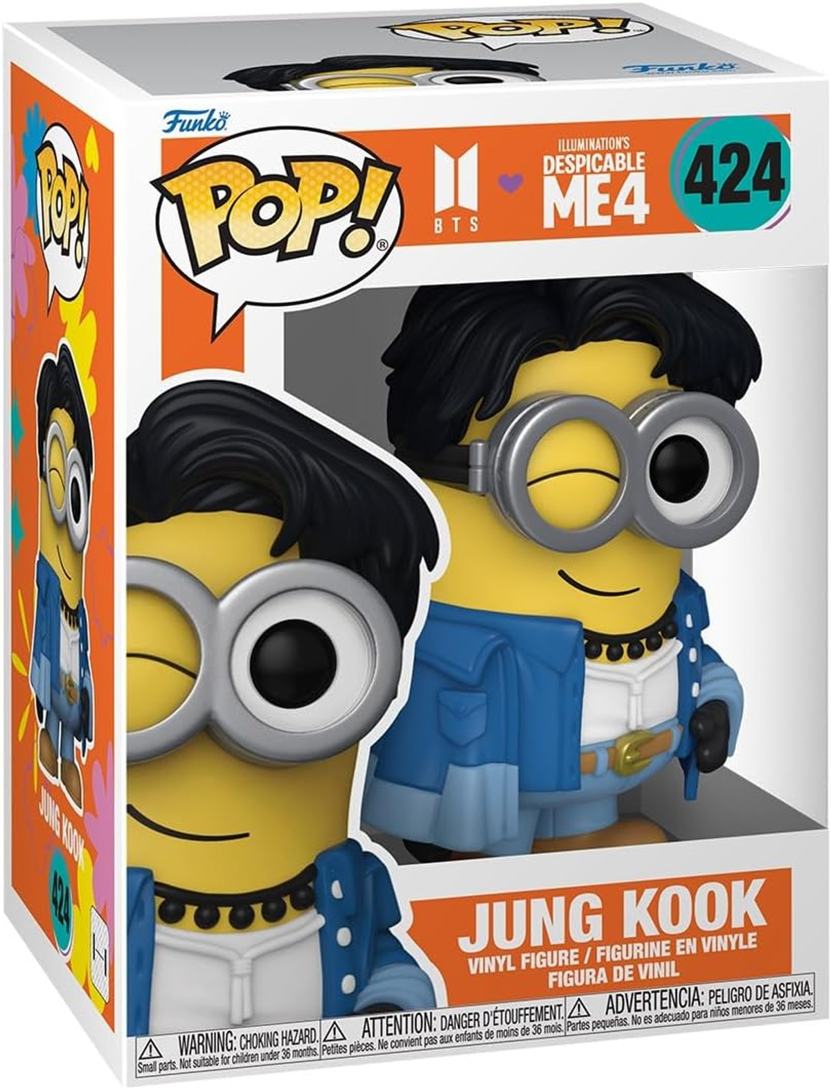 Figura Funko Pop de Jung Kook, un Minion con cabello negro, chaqueta azul y gafas plateadas, en una caja con el logo de BTS.