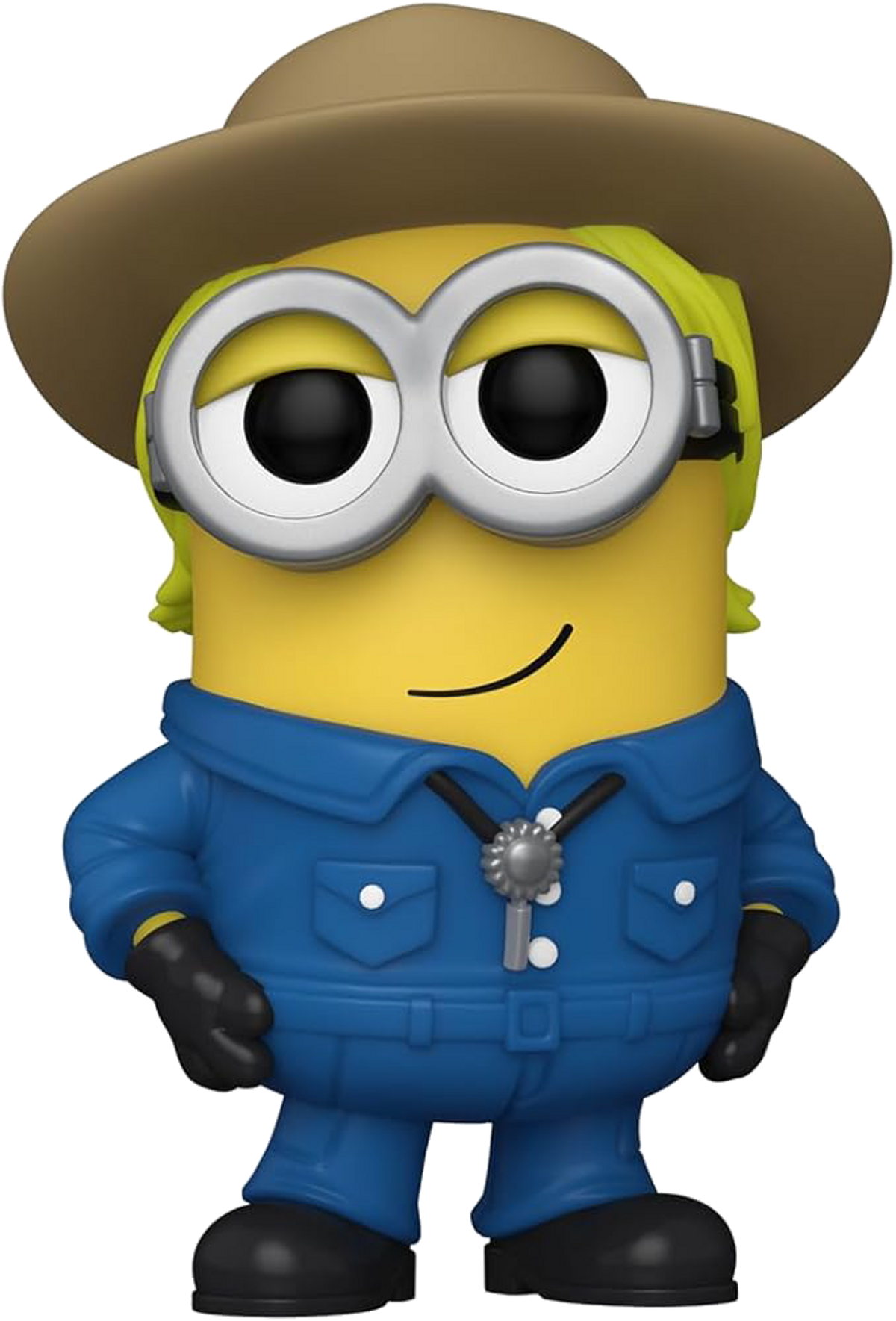Una figura amarilla de Minion con sombrero marrón, uniforme azul, guantes y botas negras, y gafas plateadas. Tiene una cara sonriente.