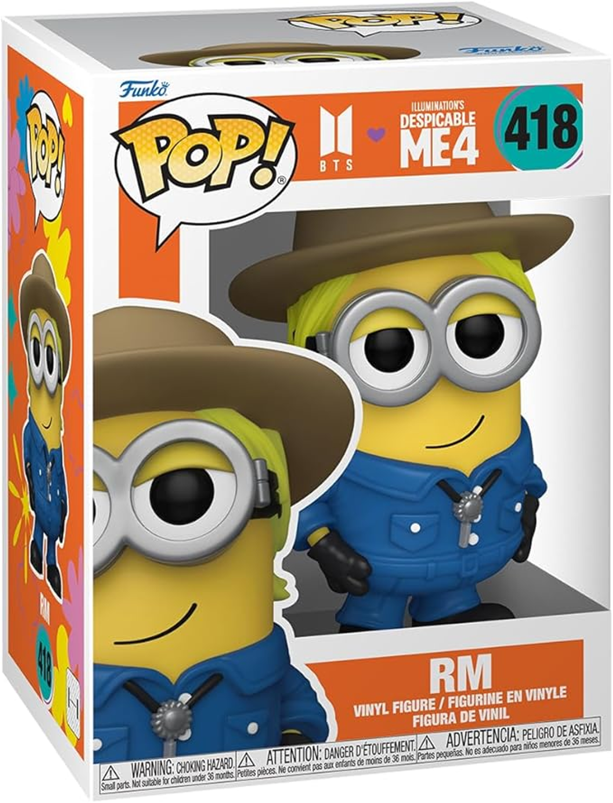 Una caja de Funko Pop con un Minion amarillo con sombrero marrón y atuendo azul, con 'RM' y '418' en la caja.