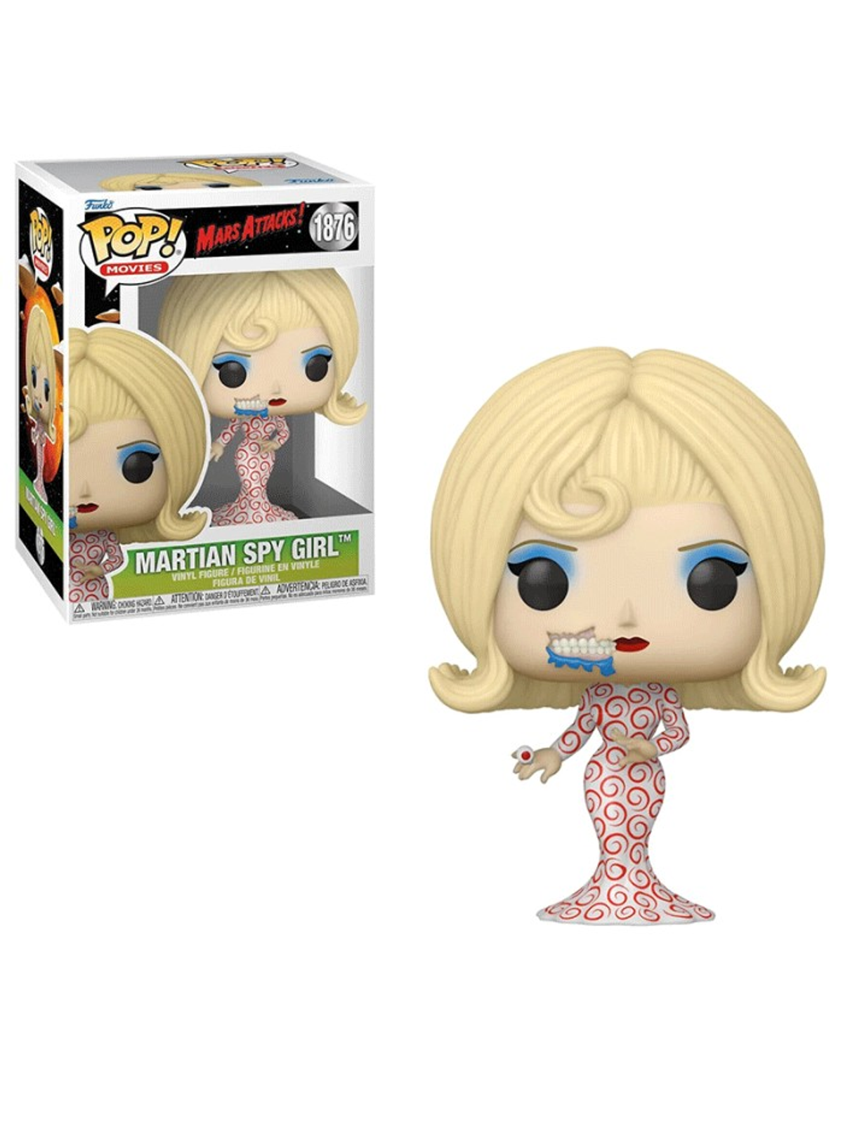 Una figura Funko Pop de una Chica Espía Marciana de ¡Mars Attacks! Cabello rubio, vestido rojo, sosteniendo un anillo rojo, dientes visibles.