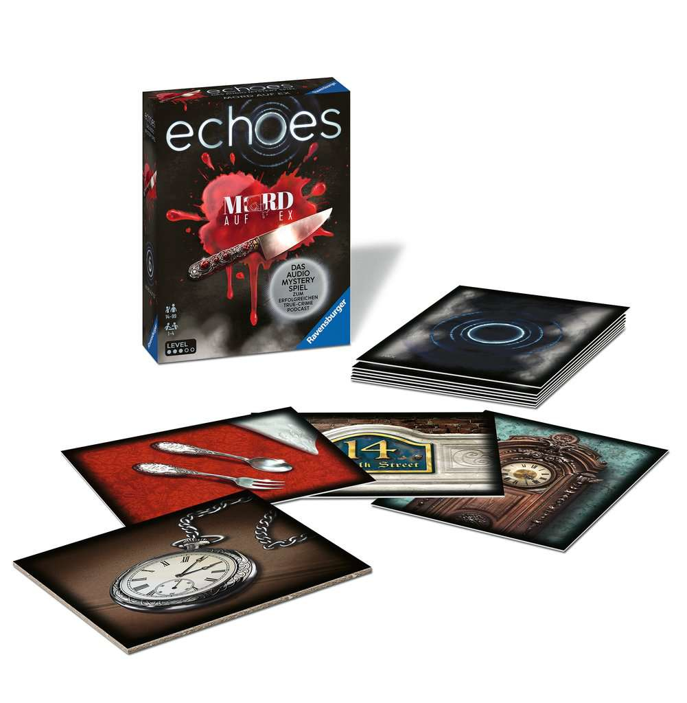Eine Spielbox mit dem Wort 'echoes' und Karten. Karten zeigen eine Taschenuhr, Besteck, ein Türschild und eine Uhr.