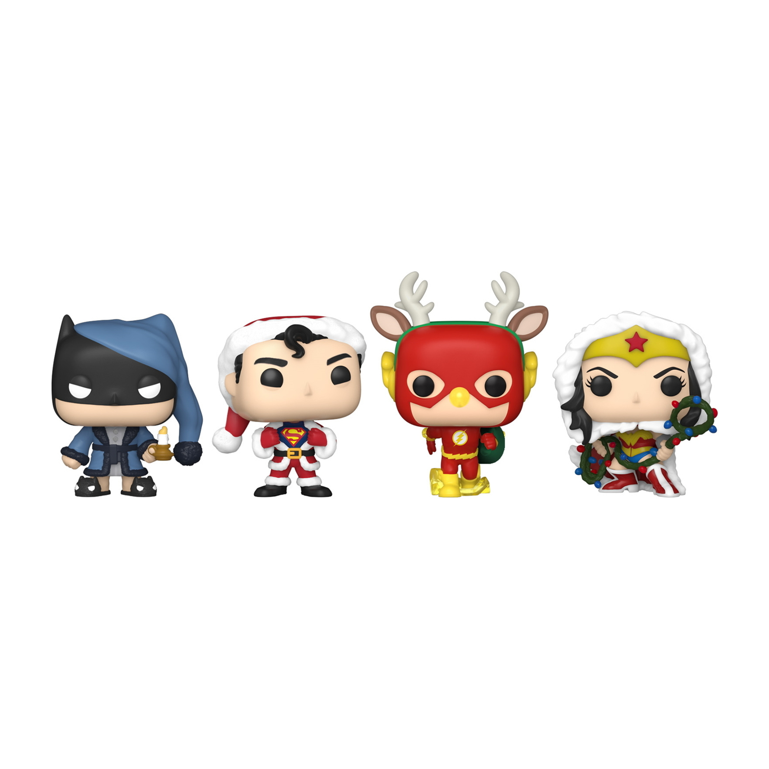 Quattro Funko Pop di supereroi in abiti natalizi: Batman in accappatoio, Superman in abito da Babbo Natale, Flash e Wonder Woman.