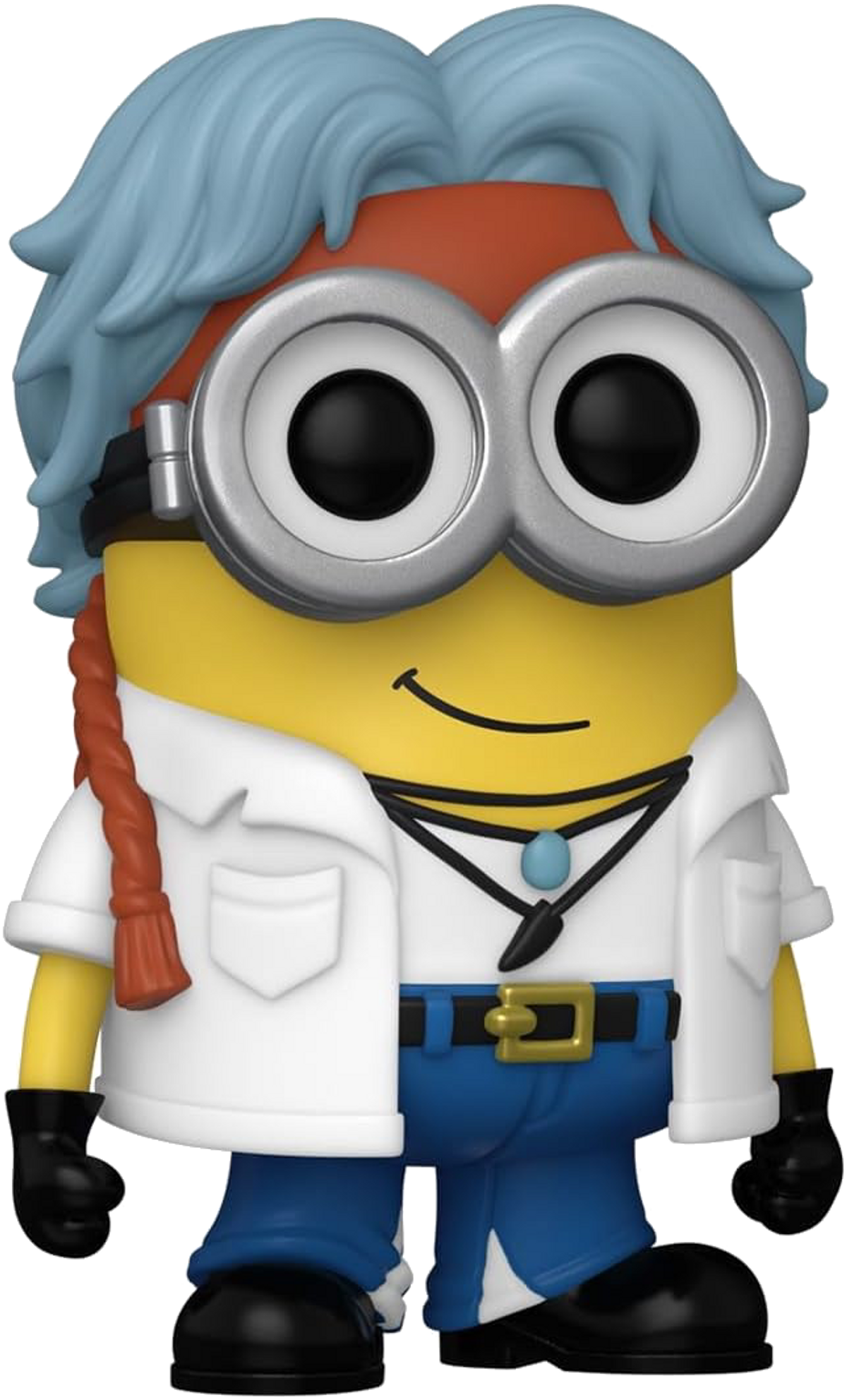 Una figura de Minion con pelo azul, gafas plateadas y una bata blanca, con pantalones azules y zapatos negros. Tiene una diadema roja.