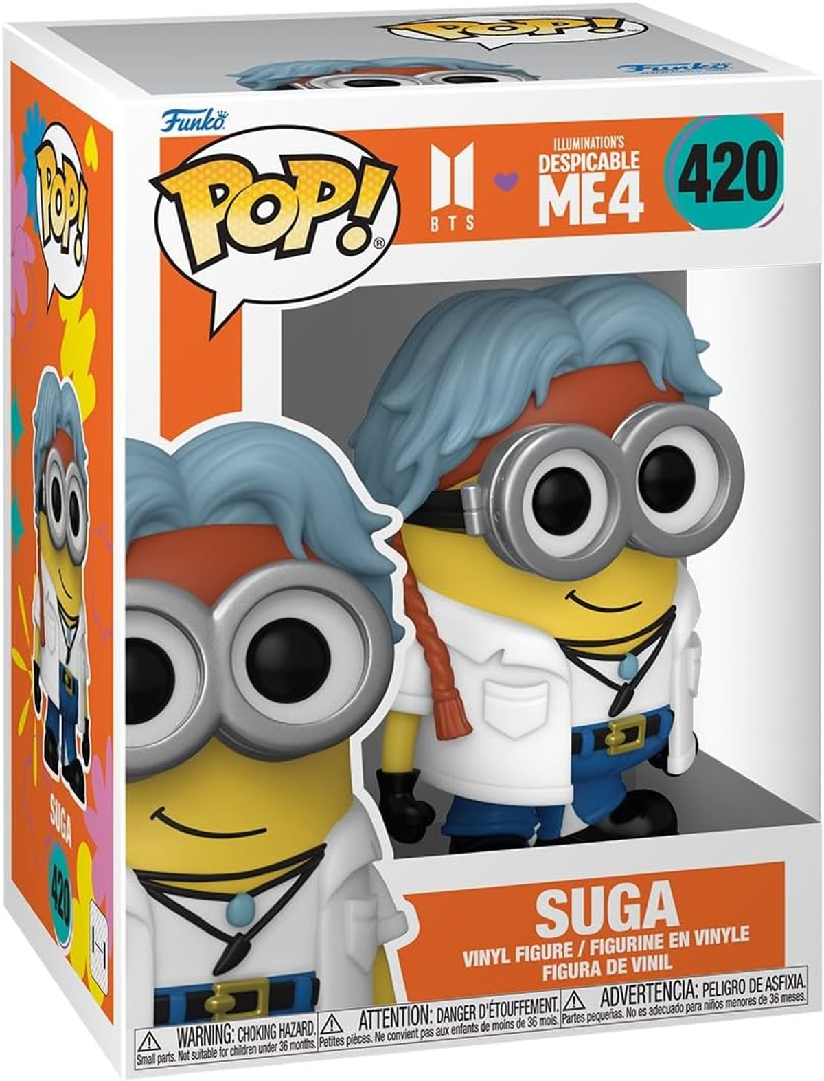 Una caja de Funko Pop con un personaje Minion al estilo Suga. Tiene cabello azul, gafas, una bata blanca y un collar azul.