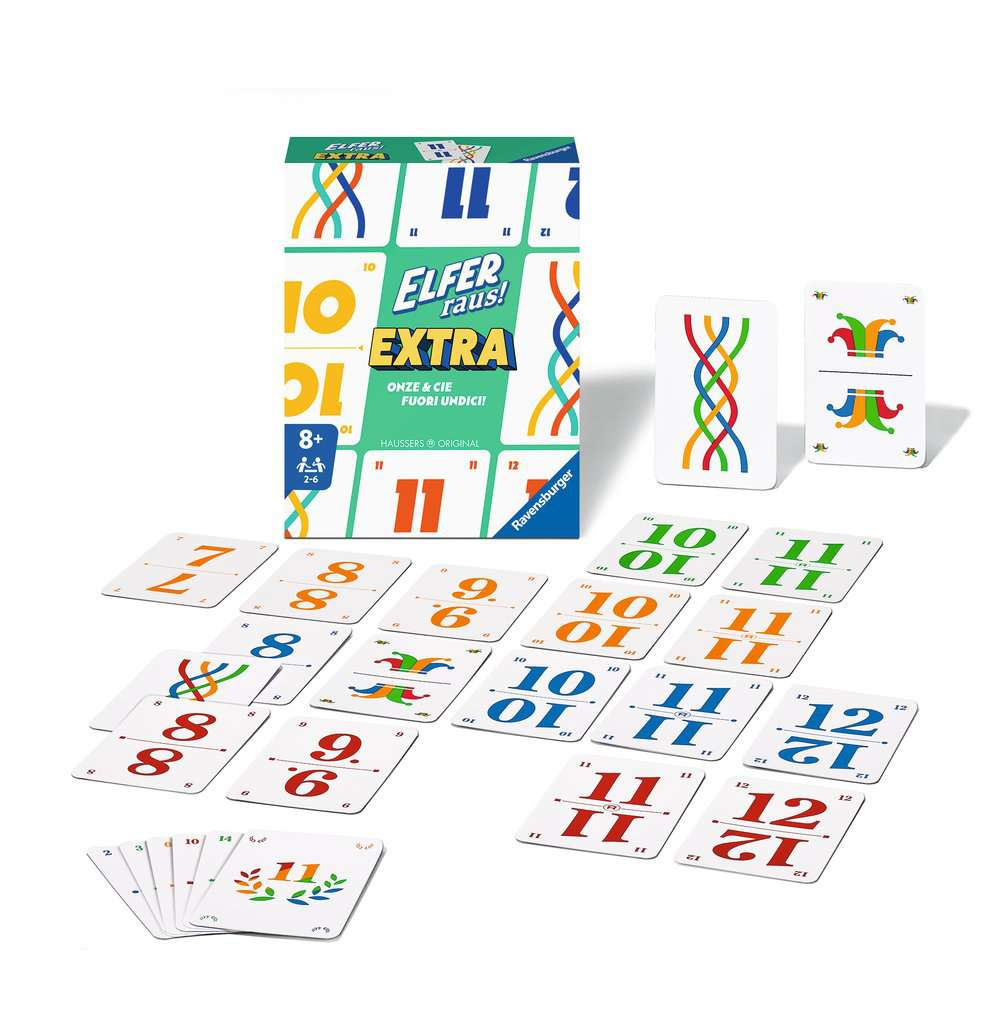 Une boîte de jeu de cartes avec des cartes. La boîte est verte et jaune. Les cartes montrent des chiffres et des symboles.