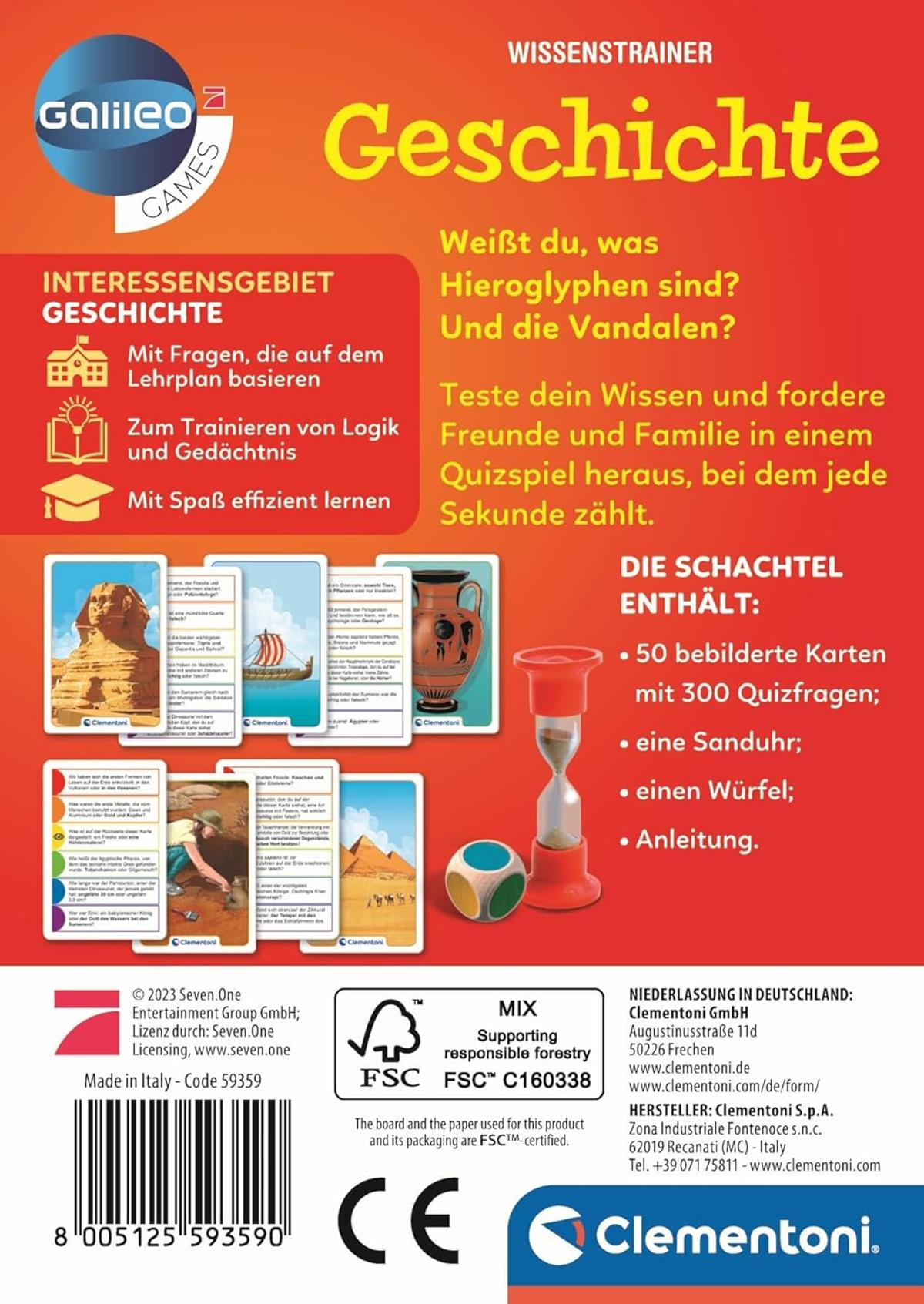 Spielbox mit dem Wort 'Geschichte', Karten mit historischen Szenen, einem Timer und einem Würfel. Die Box ist rot und gelb.