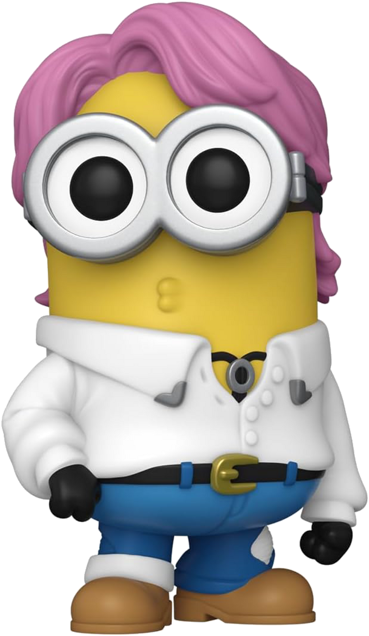Una figura amarilla de Minion con gafas, cabello rosado, camisa blanca, pantalones azules y botas marrones. Tiene guantes negros y un cinturón dorado.