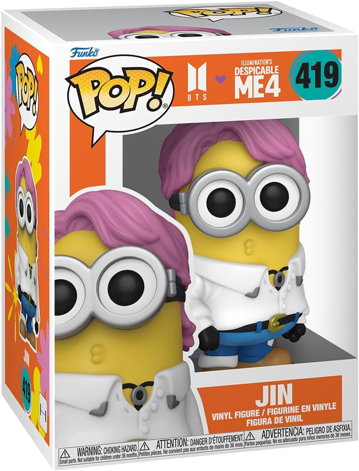 Una caja Funko Pop con un Minion con bata blanca y pelo rosa, etiquetada como 'JIN' con 'Despicable Me 4'.