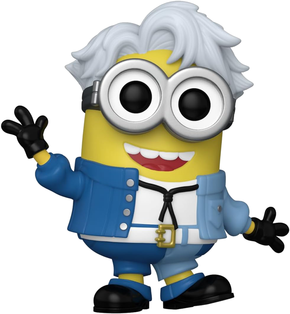 Una figura amarilla de Minion con pelo blanco y gafas, lleva una chaqueta y pantalones azules. Sonríe y saluda con guantes negros.