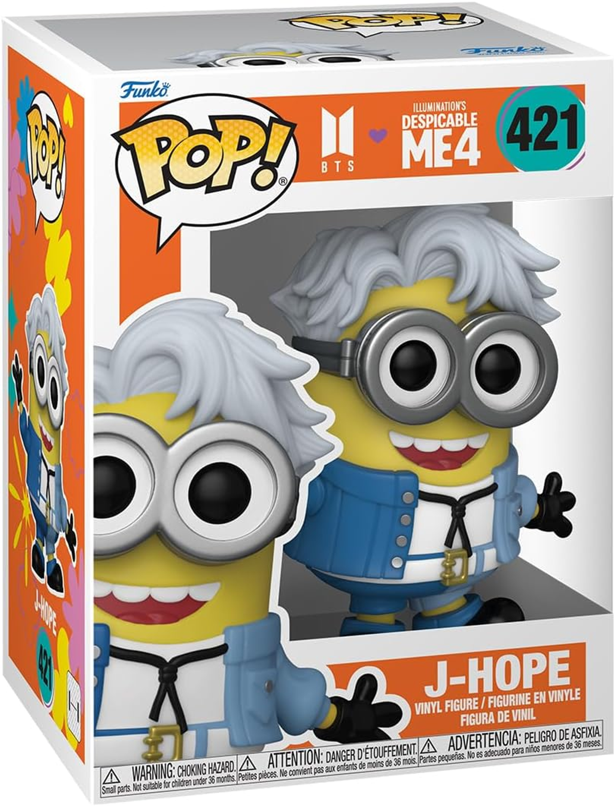 Una caja Funko Pop con una figura tipo Minion de J-Hope de BTS. La figura tiene pelo blanco y lleva una chaqueta azul.