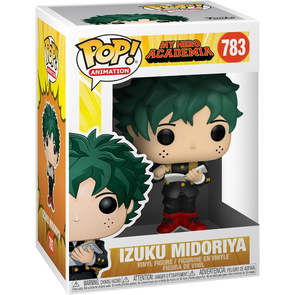 Eine Funko Pop-Box mit Izuku Midoriya. Die Figur hat grüne Haare und einen schwarzen Anzug. Die Box hat das My Hero Academia-Logo.