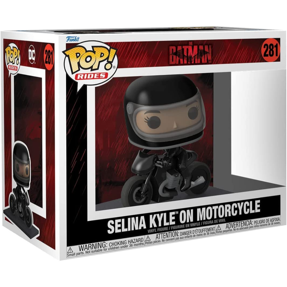 Caja Funko Pop con Selina Kyle en moto negra. La figura lleva casco. El fondo tiene efecto de lluvia roja.