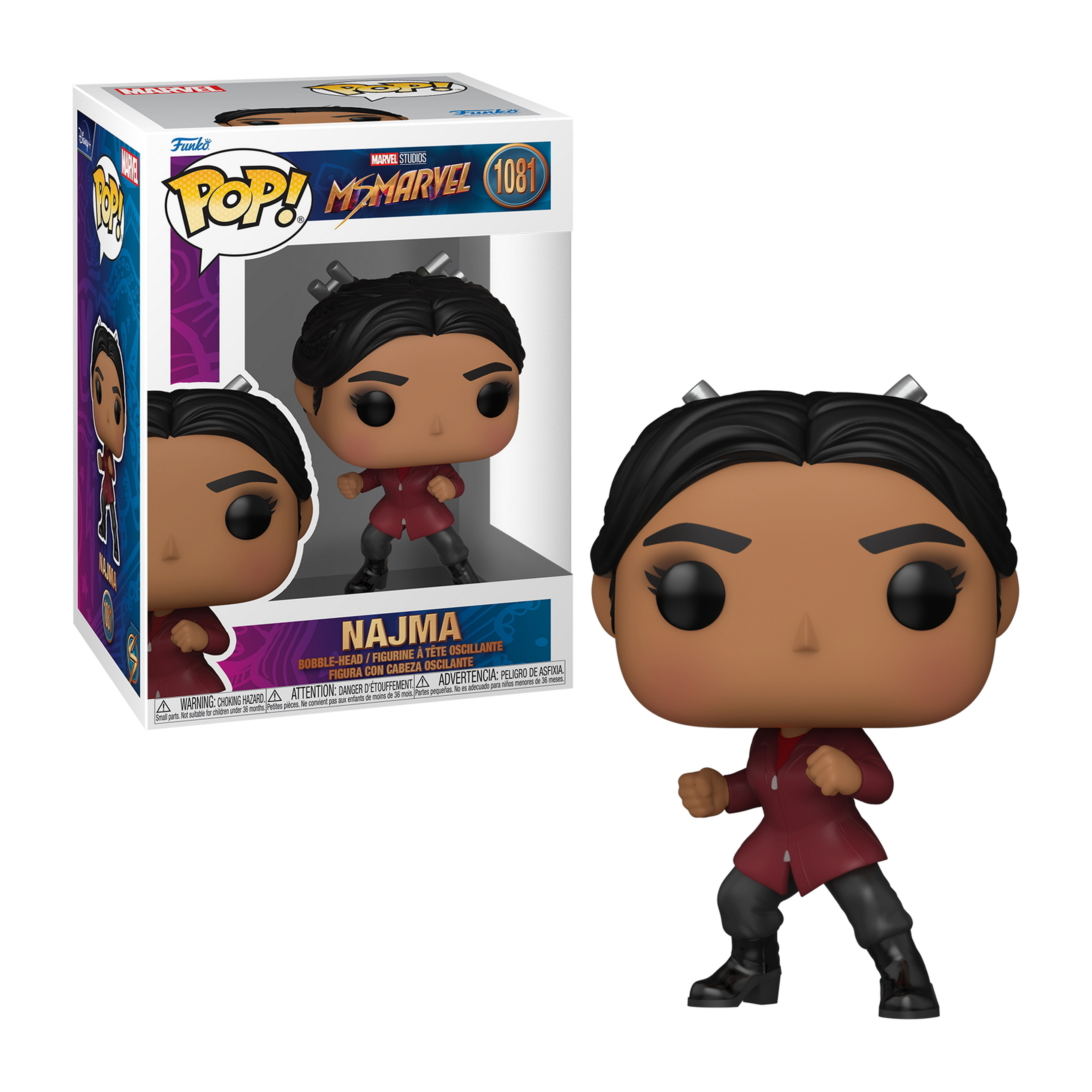 Una figura de Najma Funko Pop. Viste un abrigo rojo y pantalones negros. La caja detrás tiene el logo de Marvel.
