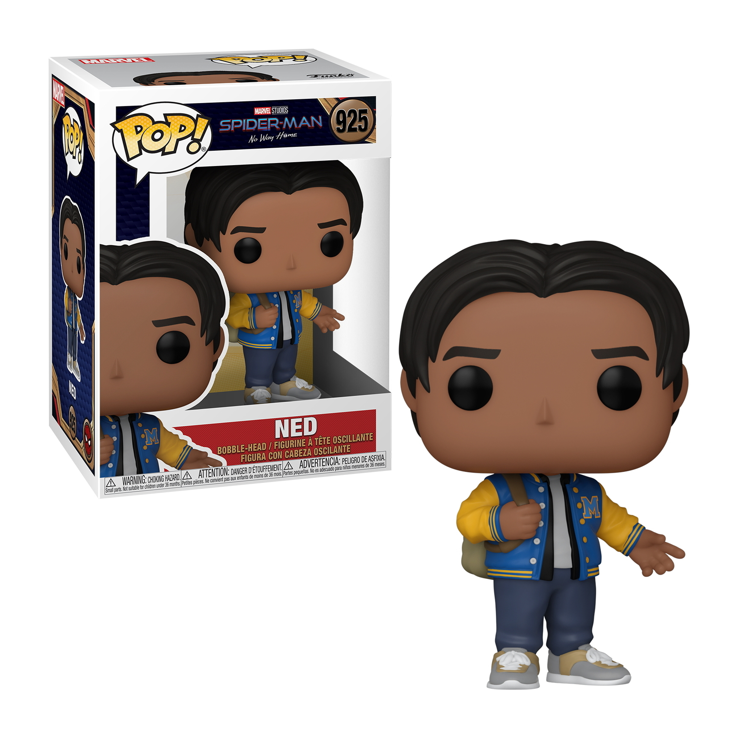 Una figura de Funko Pop de Ned de Spider-Man, con una chaqueta azul y amarilla, sosteniendo una bolsa. La caja está detrás.