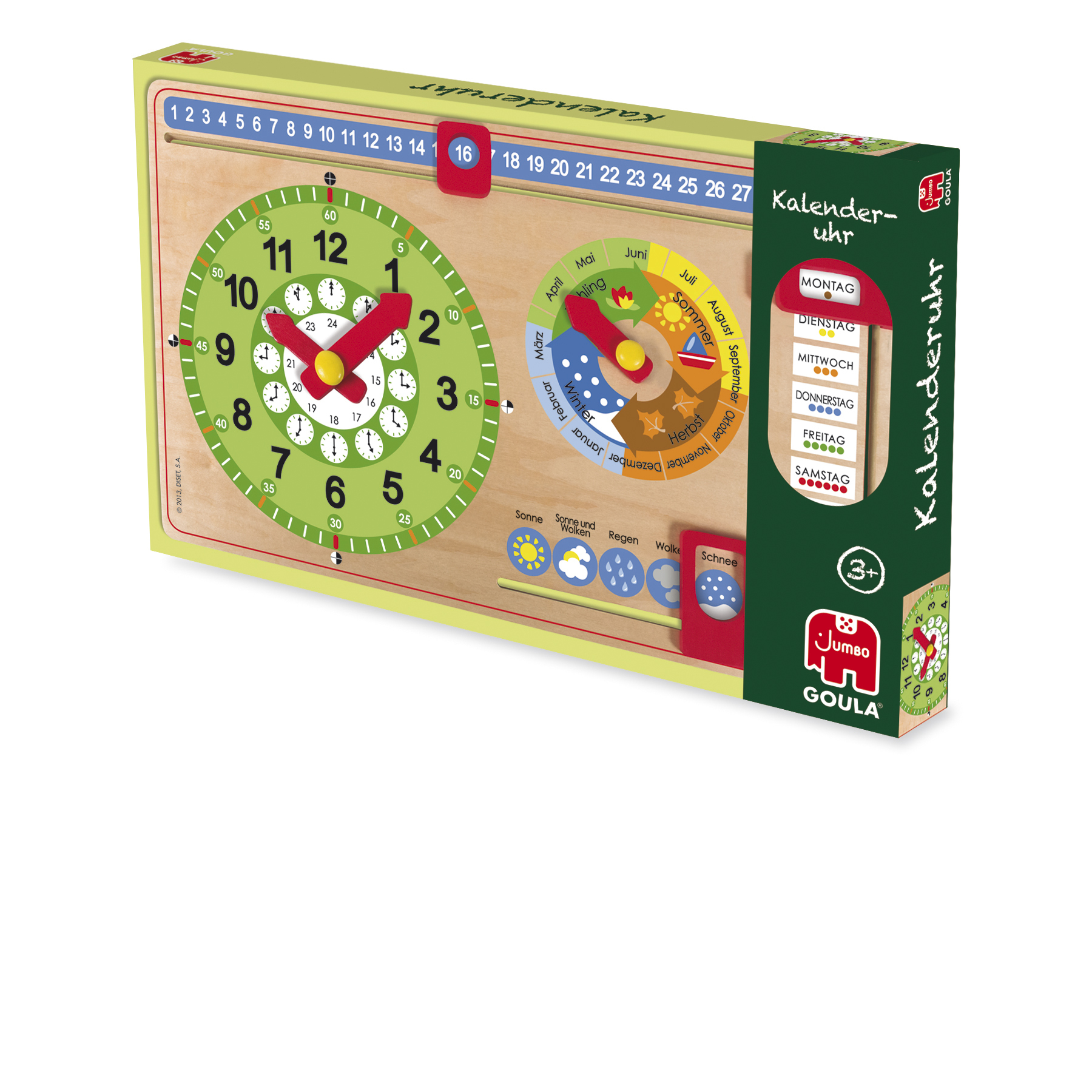 Ein hölzernes Lernspielzeug mit Uhr und Kalender. Enthält Tage, Monate und Wettersymbole.