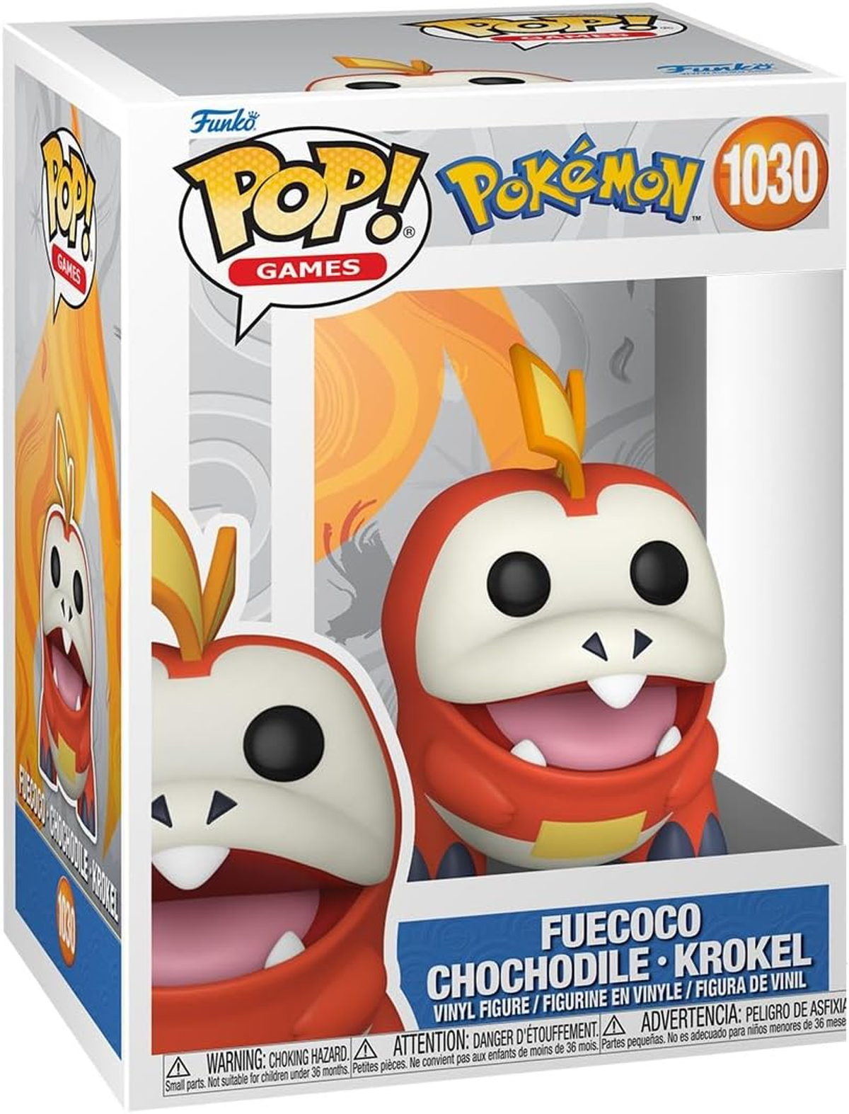 Caja Funko Pop con figura de Fuecoco. La figura es roja y blanca. La caja tiene logotipos: Funko, Pop!, Pokemon y Games.